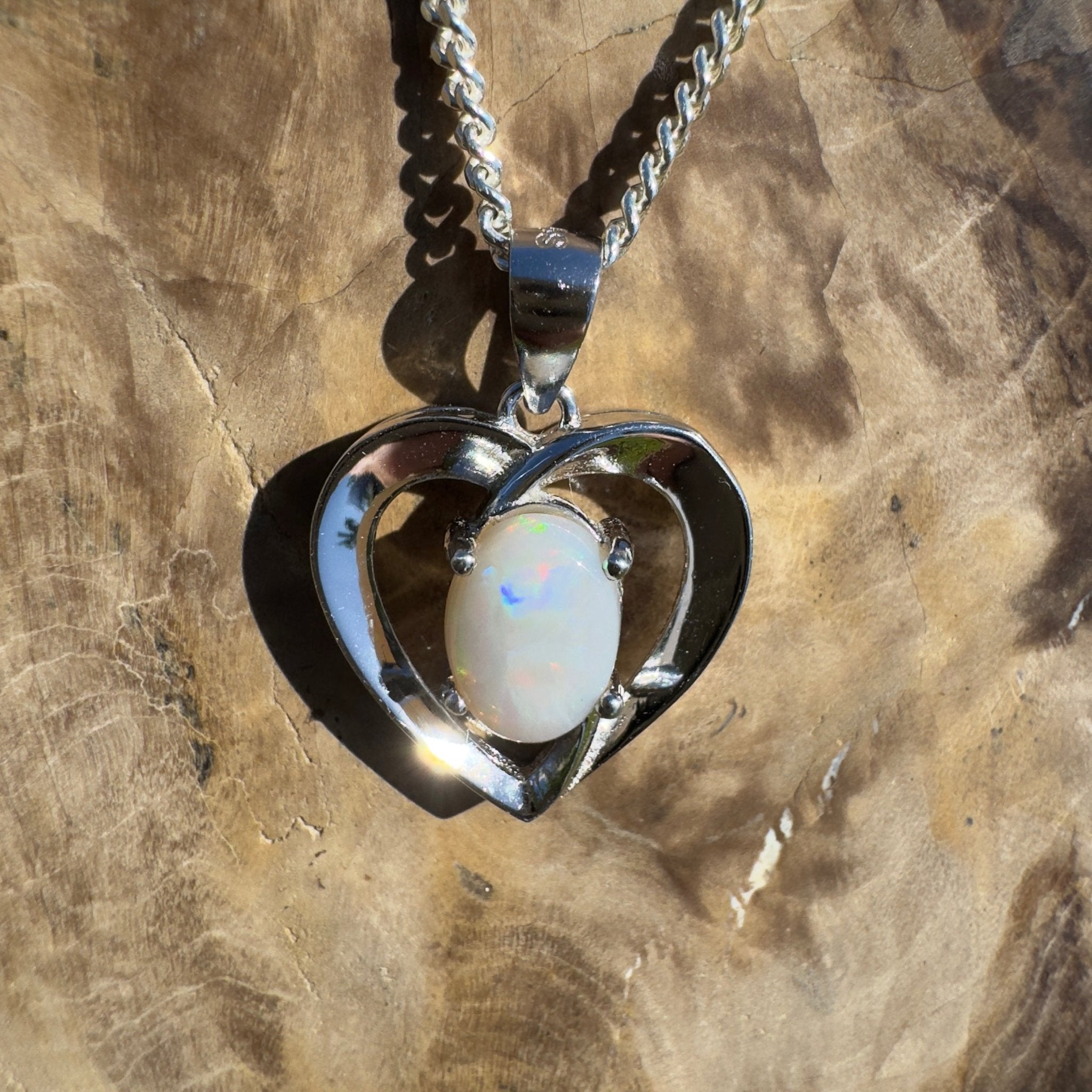 Moonie Crossing Love ~ 0.8ct Lightning Ridge Opal 925 Silver Heart Pendant