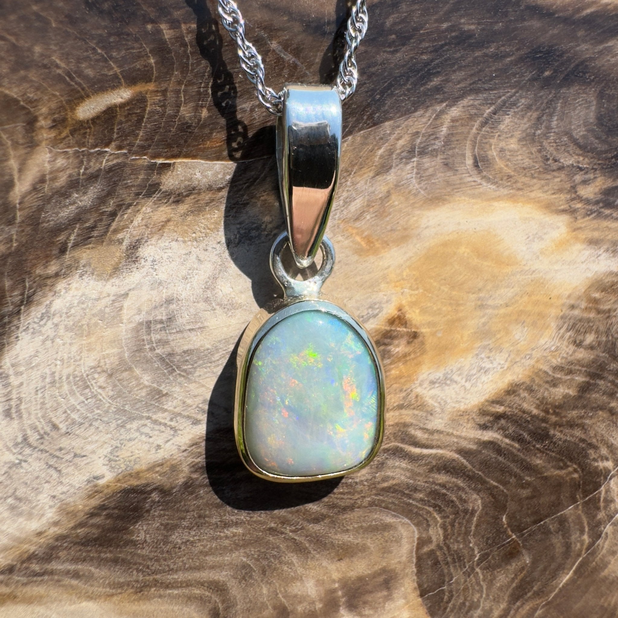 Mornington View ~ 4ct Solid Lightning Ridge Crystal Opal Two - tone 9ct Gold and 925 Sterling Silver Pendant Necklace