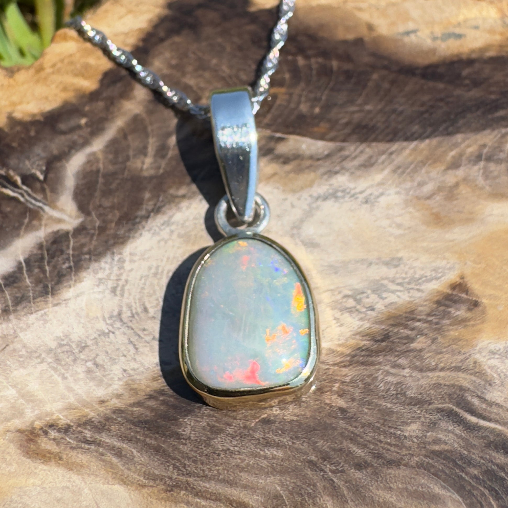 Mornington View ~ 4ct Solid Lightning Ridge Crystal Opal Two - tone 9ct Gold and 925 Sterling Silver Pendant Necklace