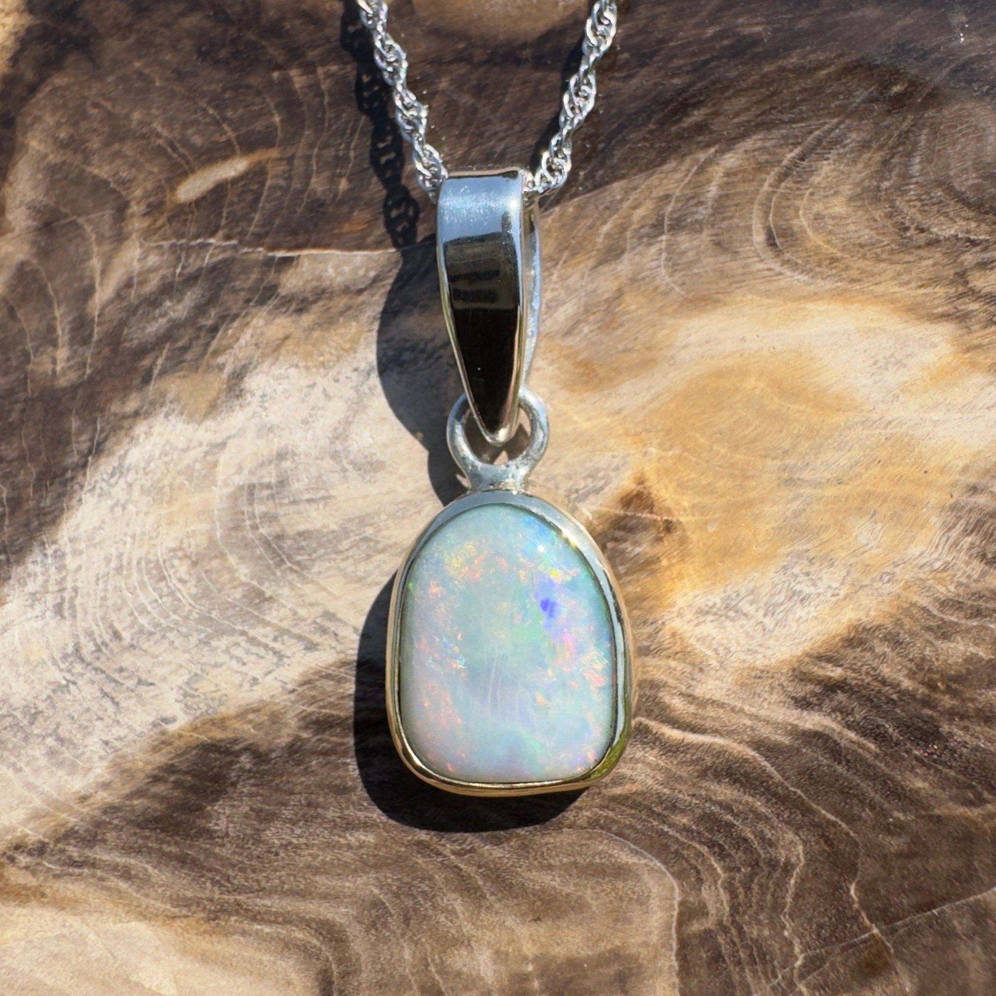 Mornington View ~ 4ct Solid Lightning Ridge Crystal Opal Two - tone 9ct Gold and 925 Sterling Silver Pendant Necklace