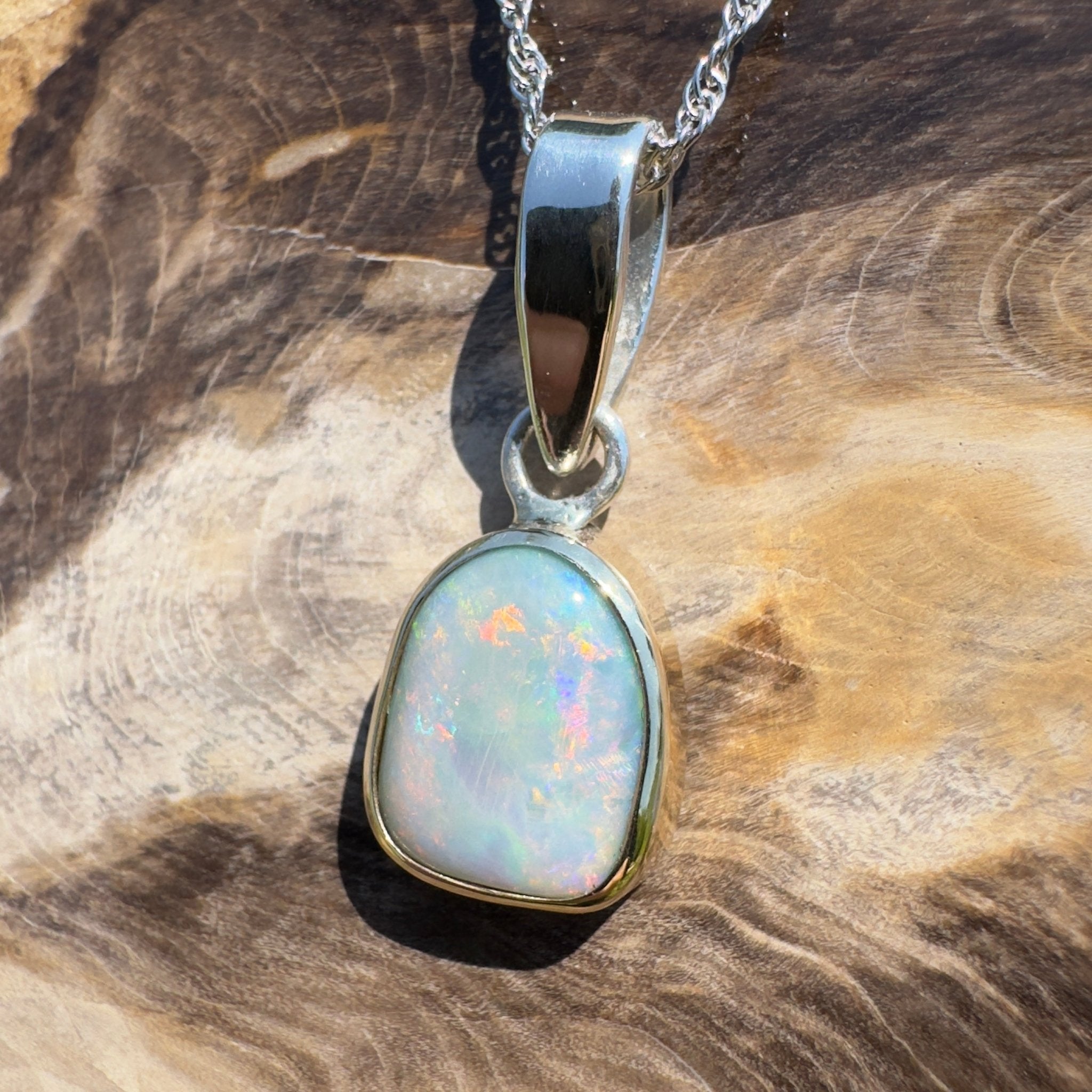 Mornington View ~ 4ct Solid Lightning Ridge Crystal Opal Two - tone 9ct Gold and 925 Sterling Silver Pendant Necklace