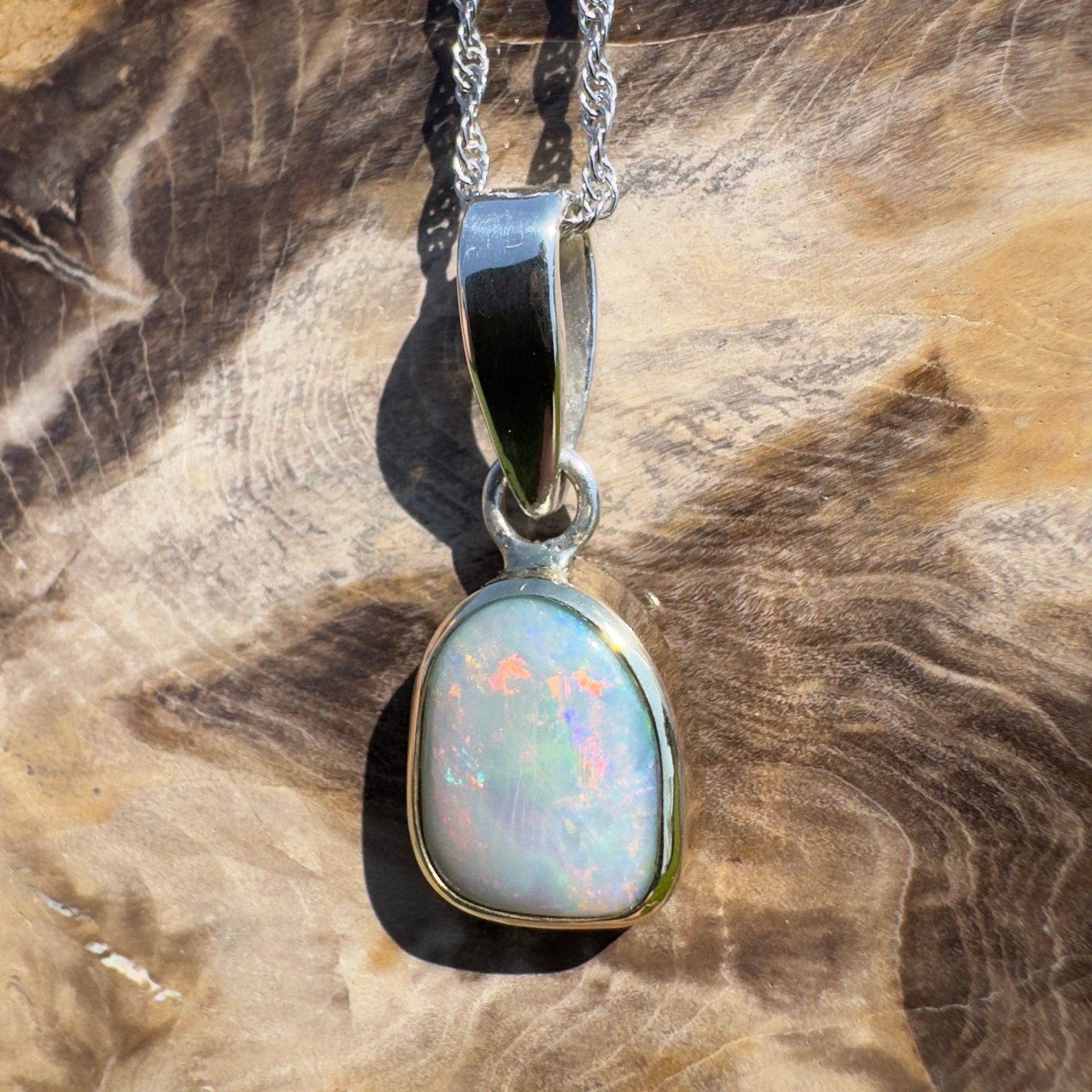 Mornington View ~ 4ct Solid Lightning Ridge Crystal Opal Two - tone 9ct Gold and 925 Sterling Silver Pendant Necklace