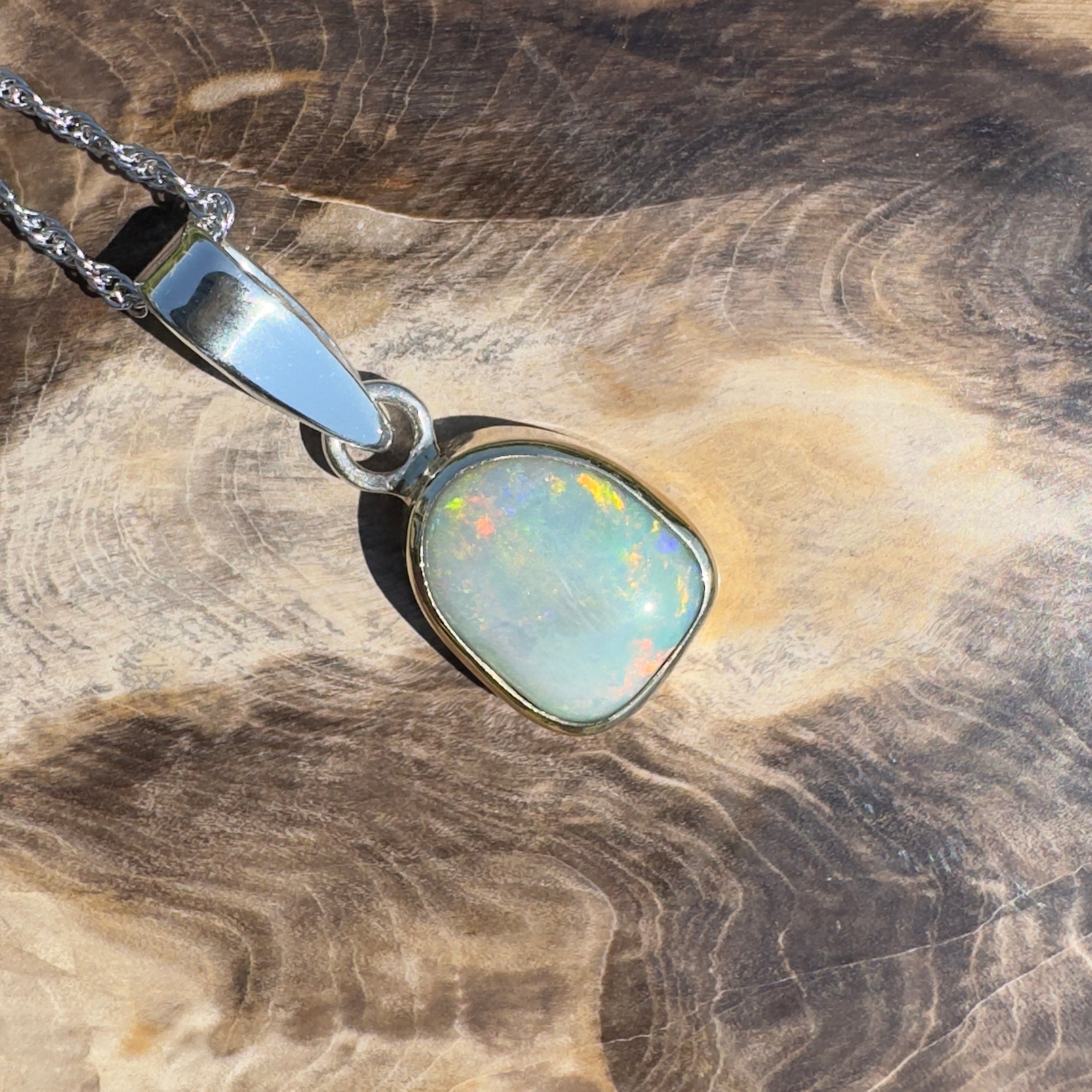 Mornington View ~ 4ct Solid Lightning Ridge Crystal Opal Two - tone 9ct Gold and 925 Sterling Silver Pendant Necklace
