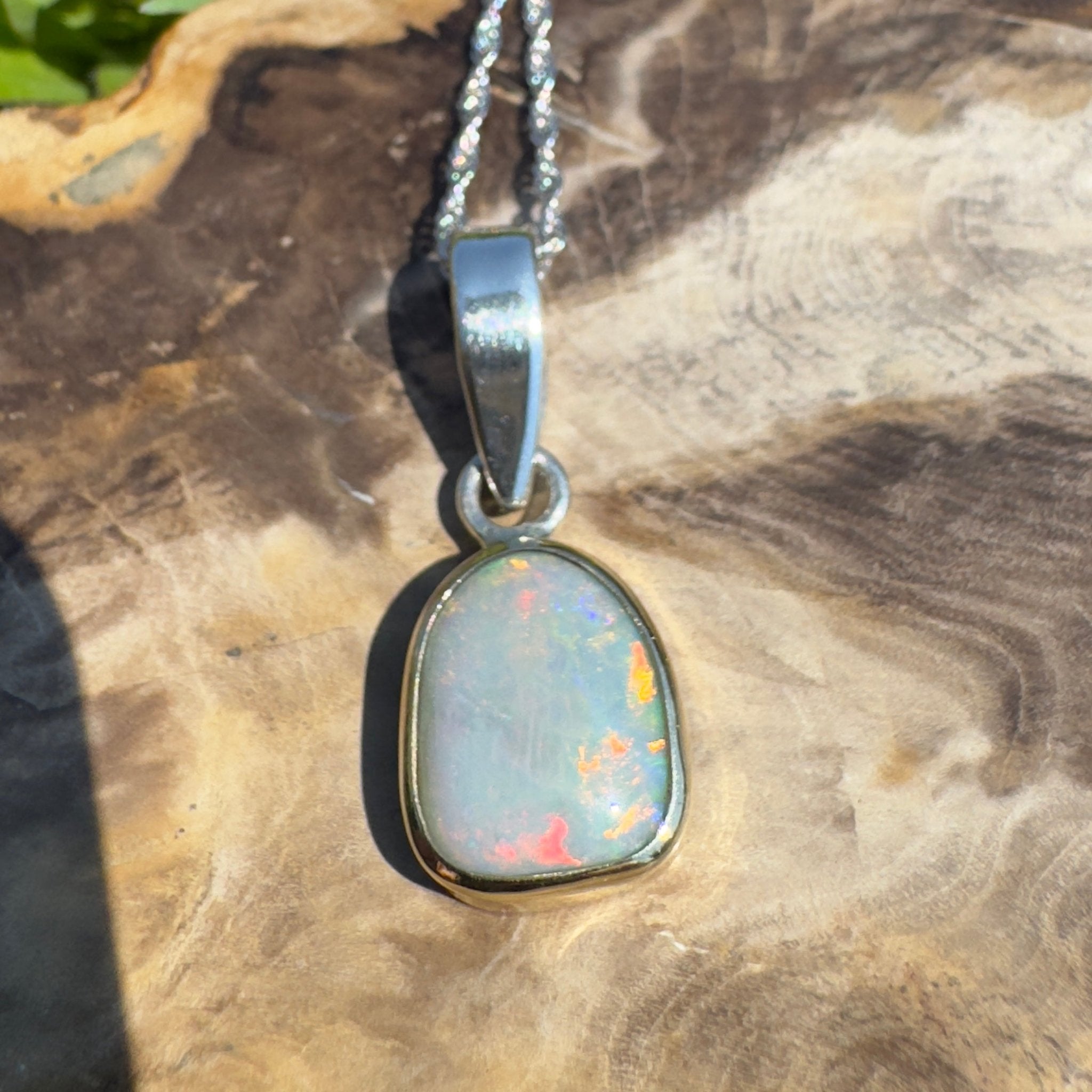 Mornington View ~ 4ct Solid Lightning Ridge Crystal Opal Two - tone 9ct Gold and 925 Sterling Silver Pendant Necklace