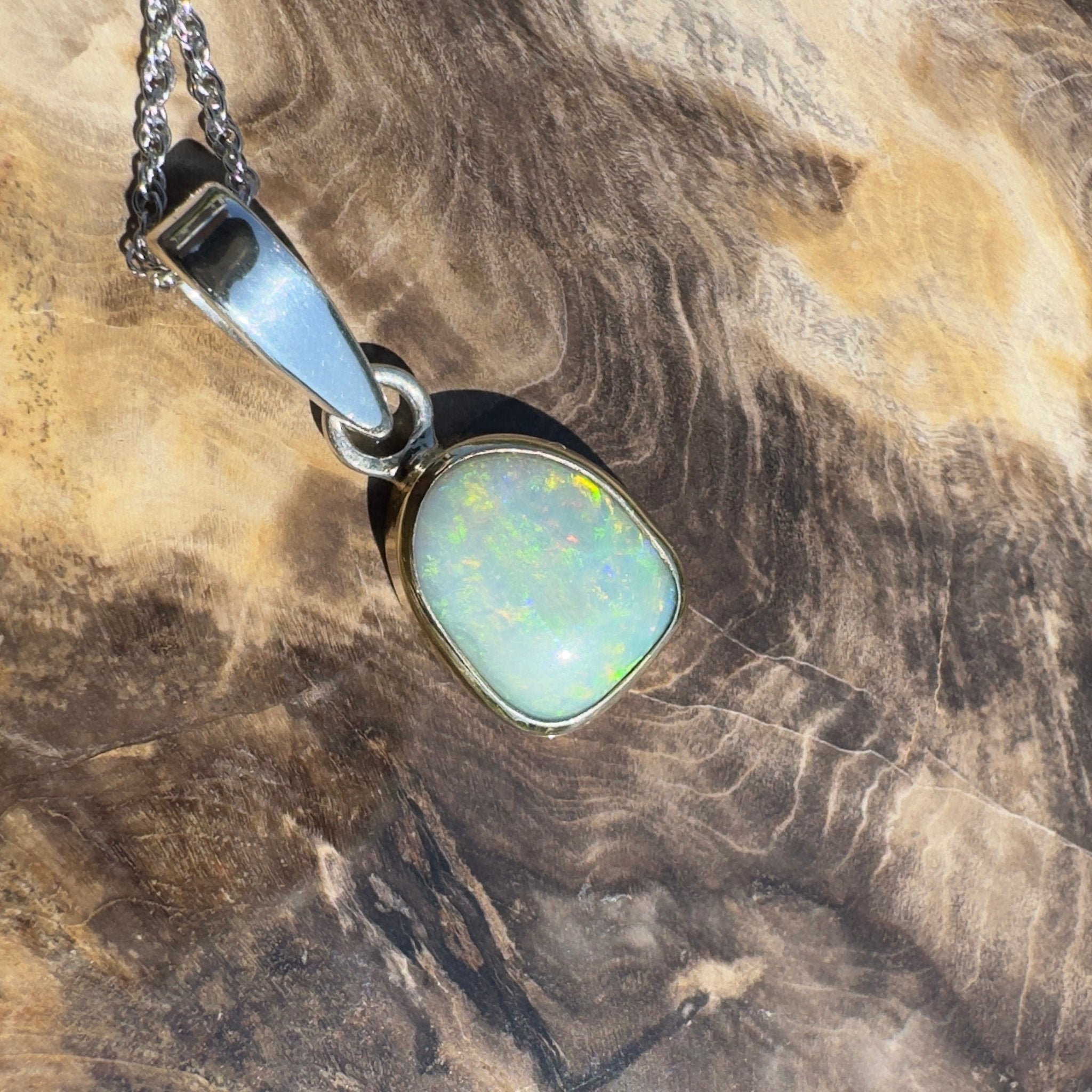 Mornington View ~ 4ct Solid Lightning Ridge Crystal Opal Two - tone 9ct Gold and 925 Sterling Silver Pendant Necklace