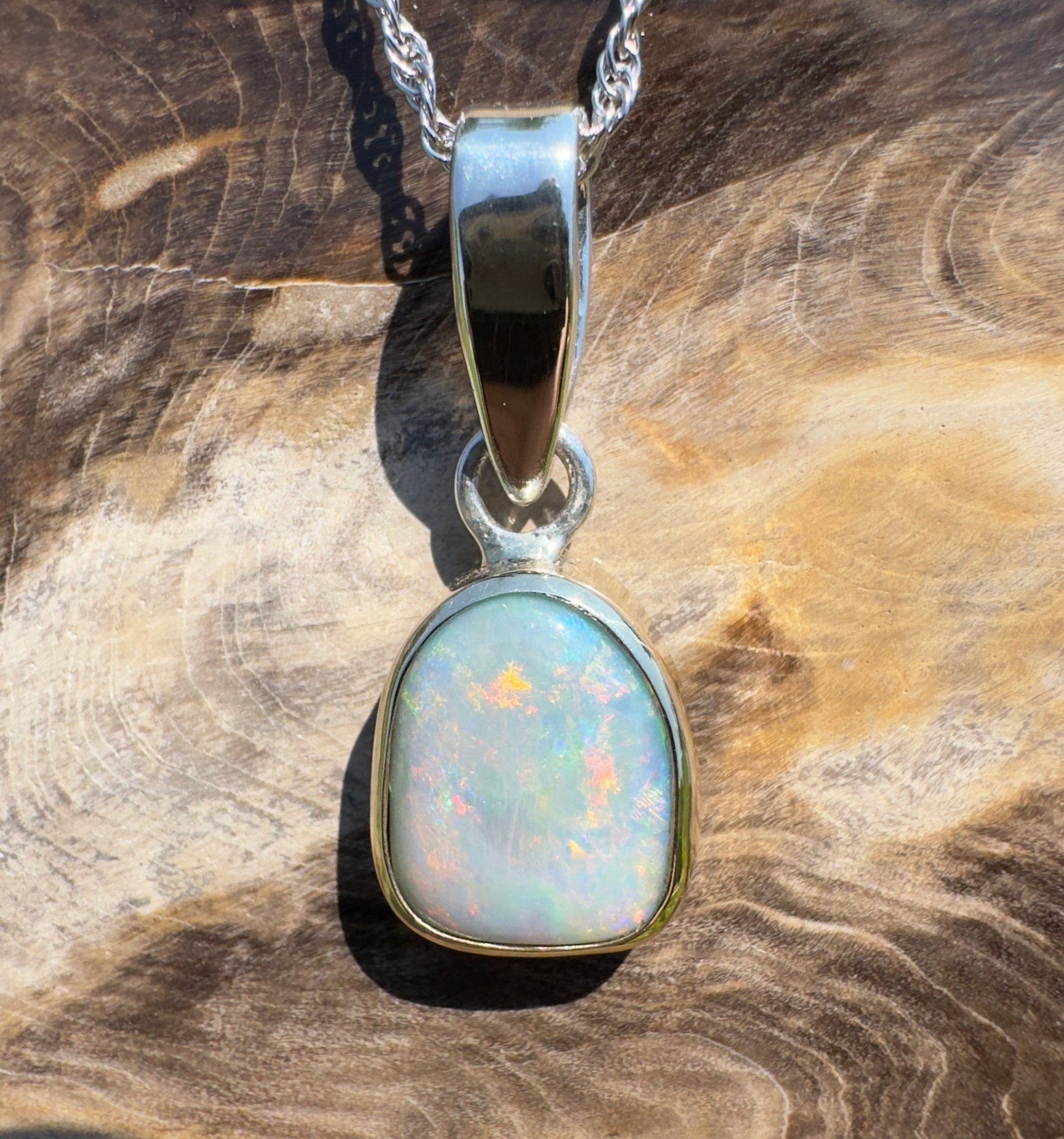 Mornington View ~ 4ct Solid Lightning Ridge Crystal Opal Two - tone 9ct Gold and 925 Sterling Silver Pendant Necklace