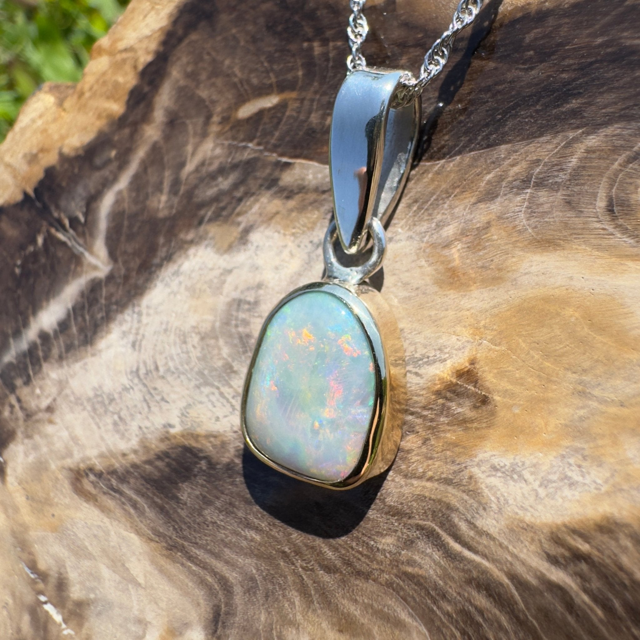 Mornington View ~ 4ct Solid Lightning Ridge Crystal Opal Two - tone 9ct Gold and 925 Sterling Silver Pendant Necklace