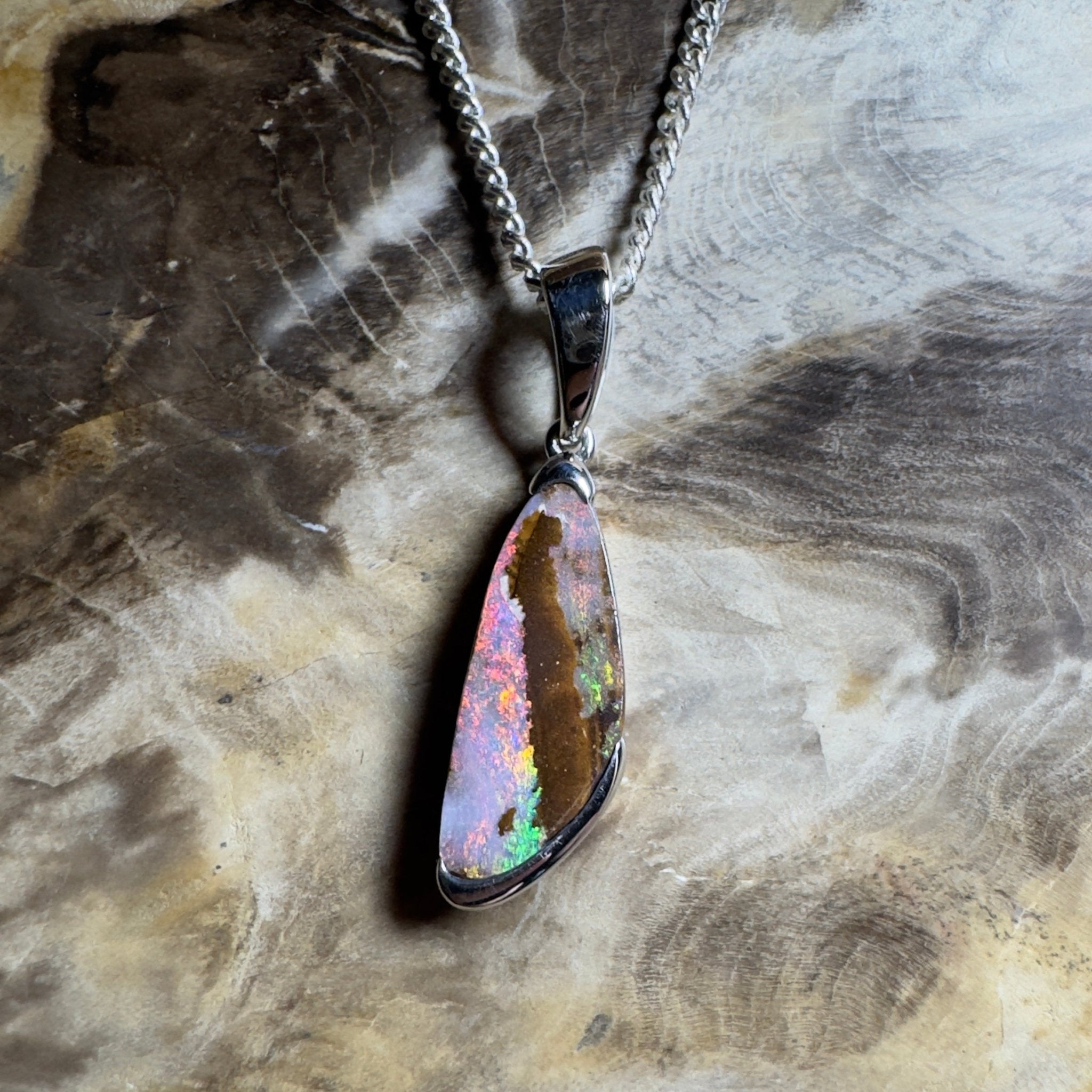 Mount Buffalo Blaze ~ Queensland Boulder Opal 925 Sterling Silver Pendant Necklace