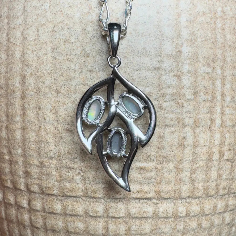 Silver leaf pendant with 1.2ct Lightning Ridge Opal and Cubic Zirconia gemstones