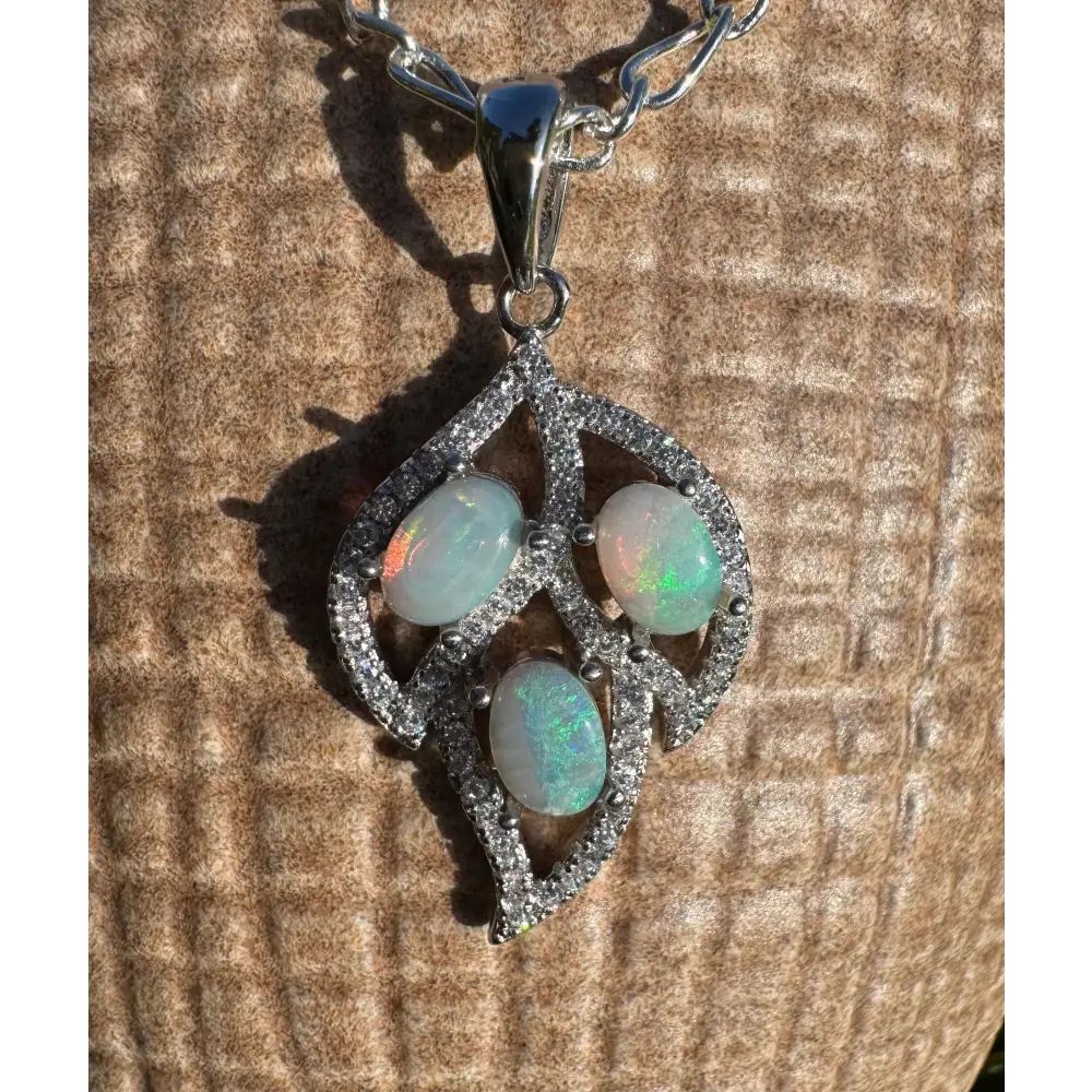 Silver leaf pendant with three Opals and Cubic Zirconia in 925 Sterling Silver