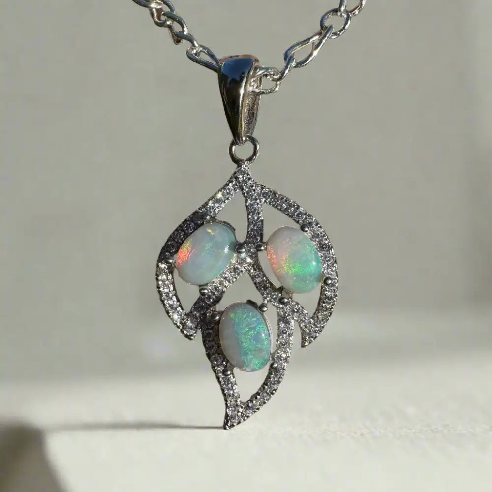 Silver Opal Pendant Necklace featuring Handcrafted Lightning Ridge Opal and Sterling Silver Leaf Design