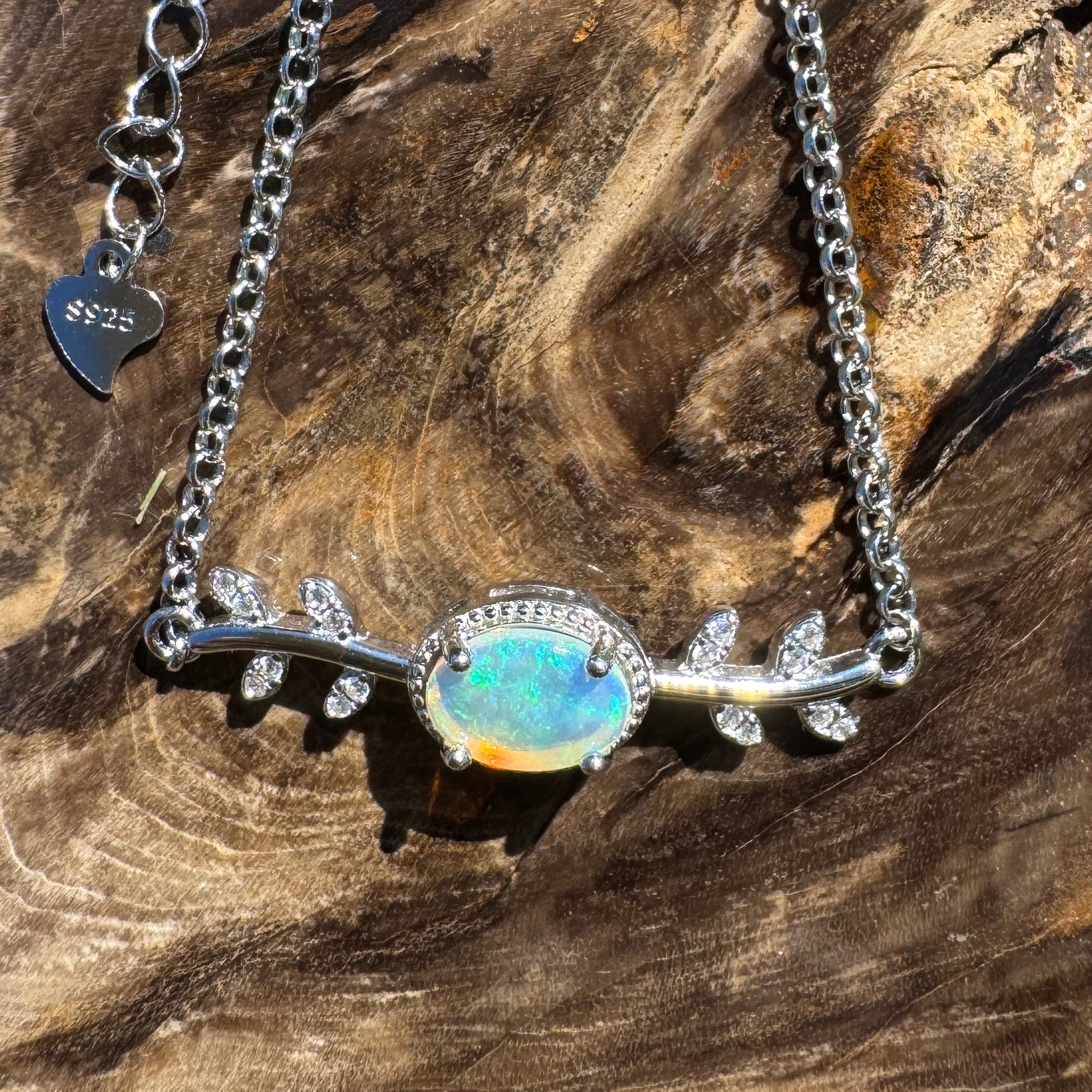 Ningaloo Skyfall ~ 0.8ct Solid Lightning Ridge Opal and Cubic Zirconia 925 Silver Bracelet