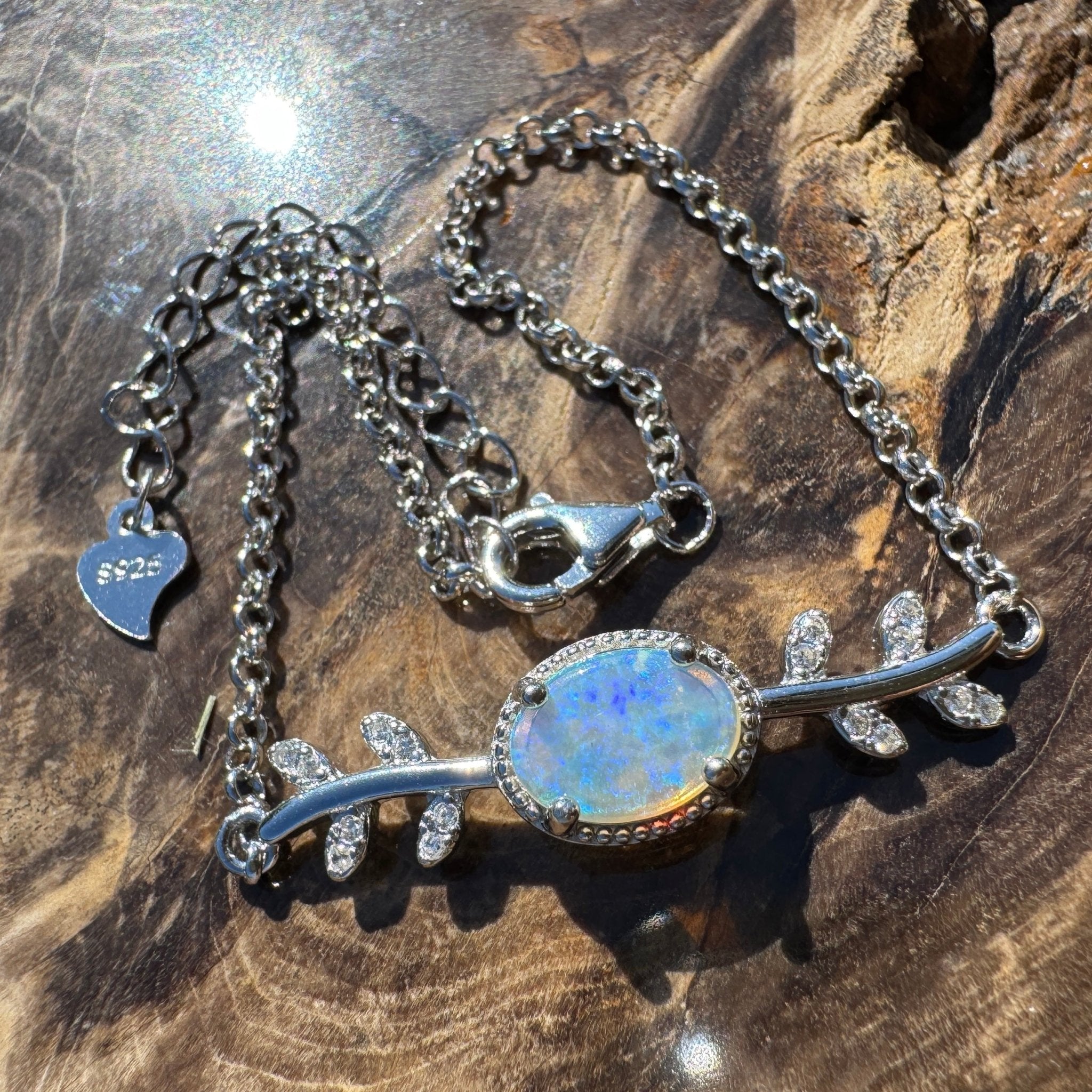 Ningaloo Skyfall ~ 0.8ct Solid Lightning Ridge Opal and Cubic Zirconia 925 Silver Bracelet
