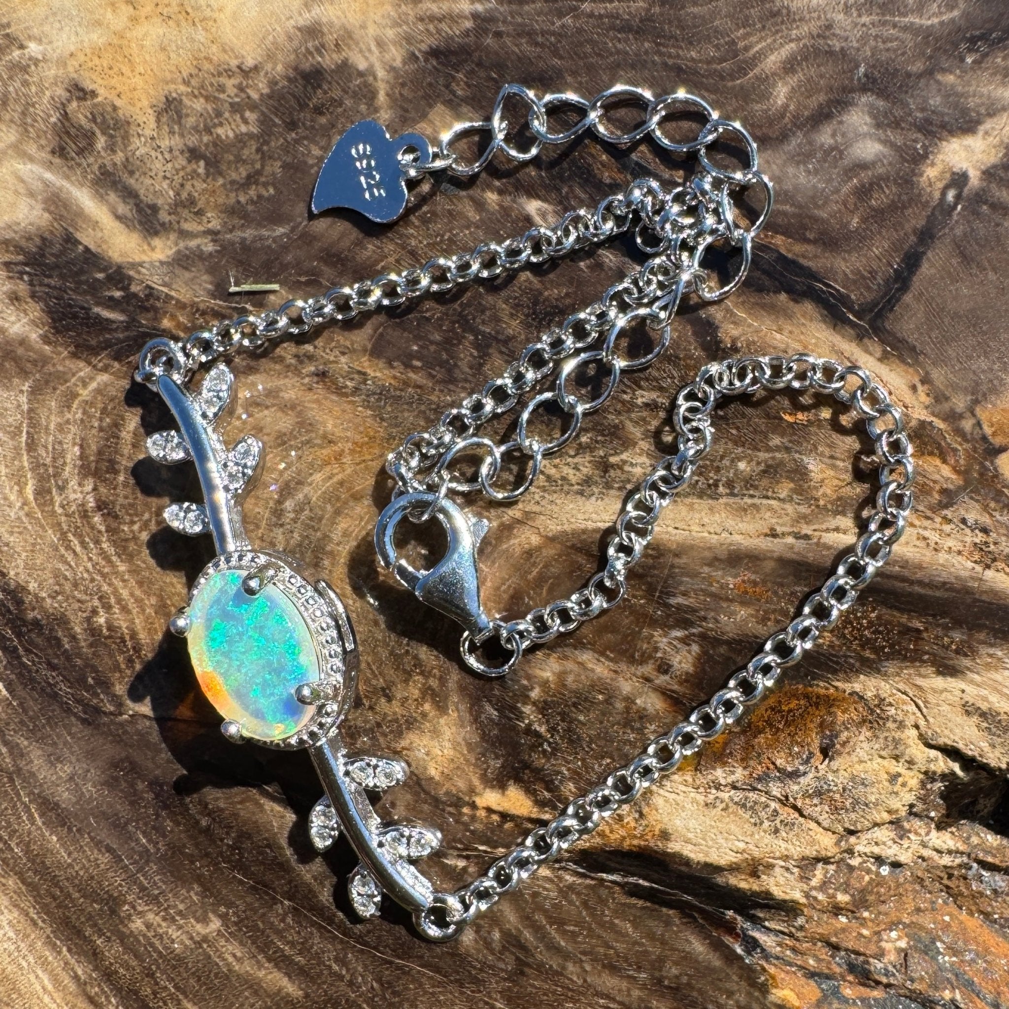 Ningaloo Skyfall ~ 0.8ct Solid Lightning Ridge Opal and Cubic Zirconia 925 Silver Bracelet