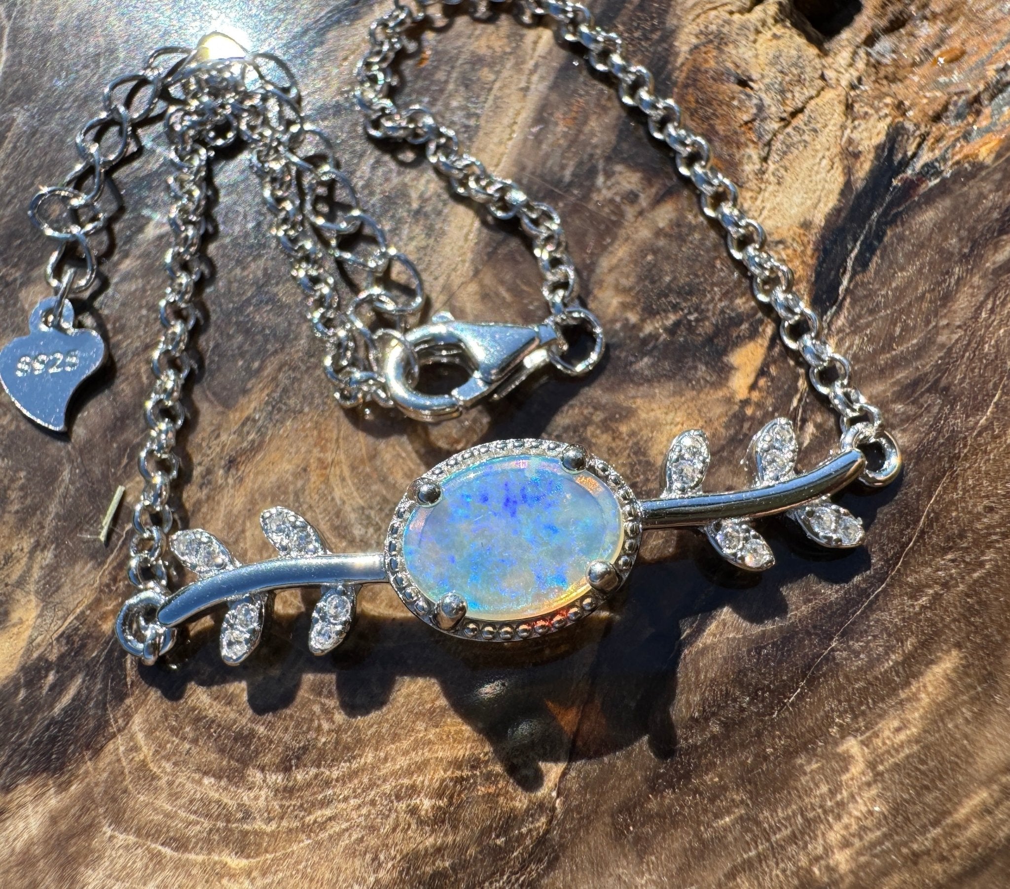 Ningaloo Skyfall ~ 0.8ct Solid Lightning Ridge Opal and Cubic Zirconia 925 Silver Bracelet