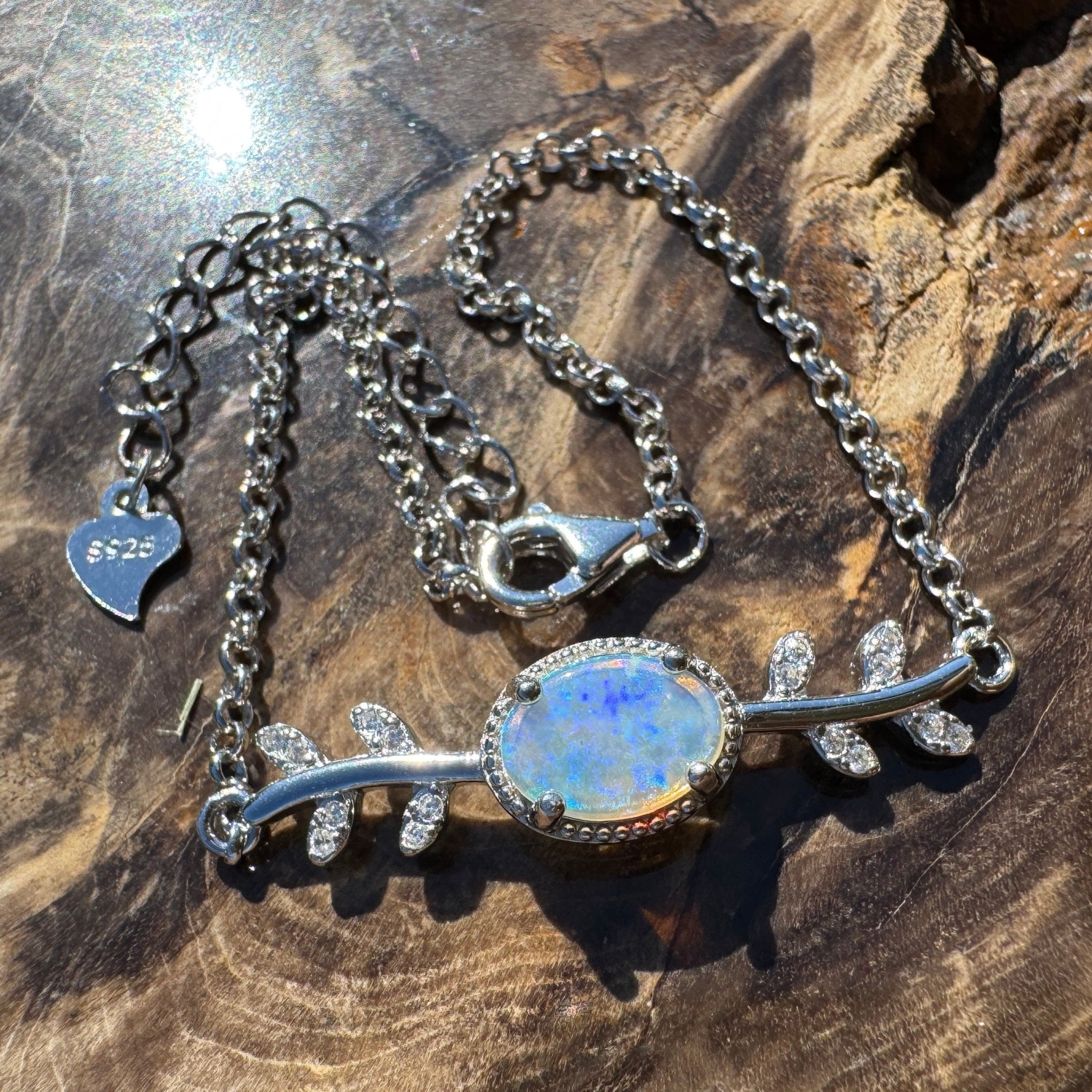 Ningaloo Skyfall ~ 0.8ct Solid Lightning Ridge Opal and Cubic Zirconia 925 Silver Bracelet