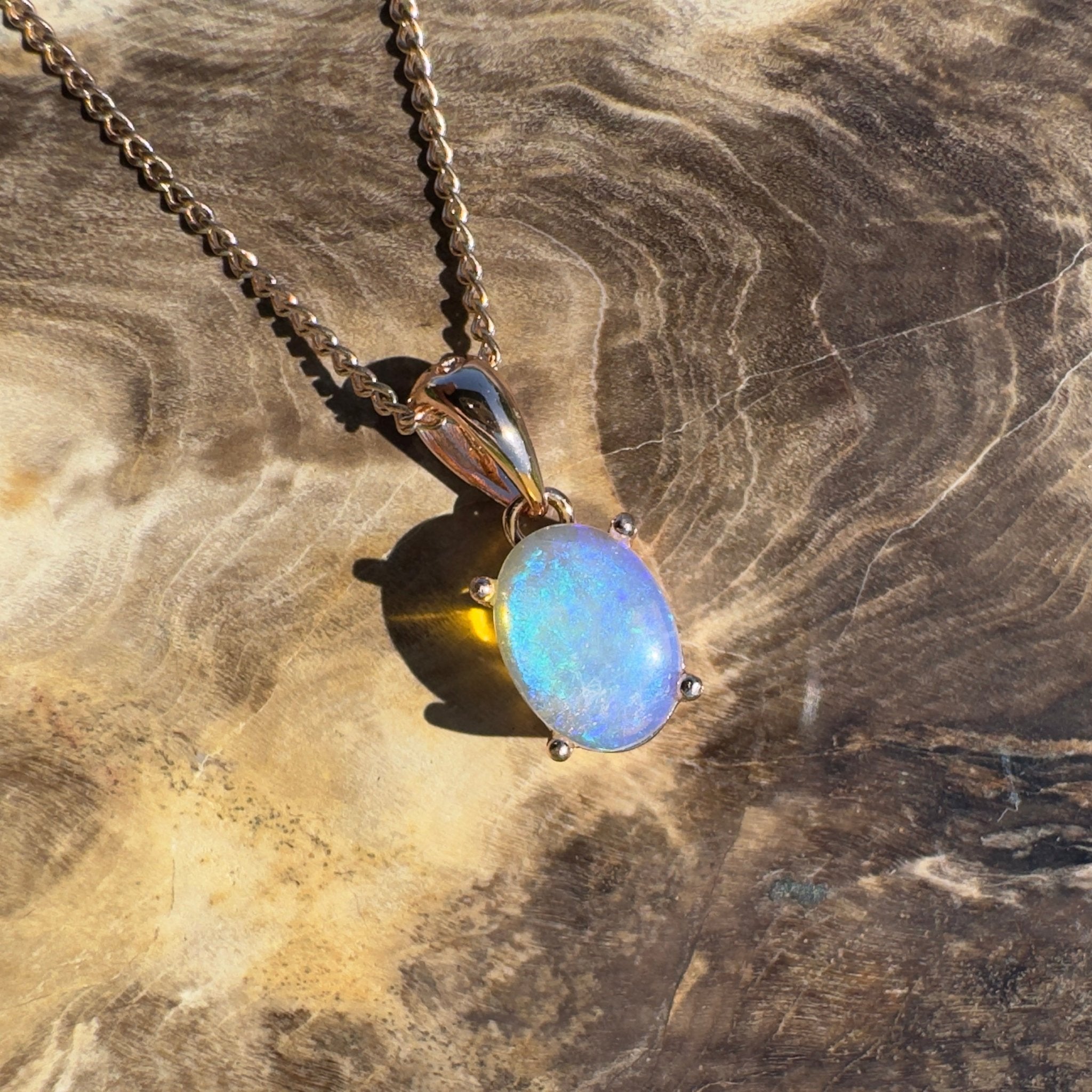 Noosa Dream Shore ~ 0.8ct Solid Lightning Ridge Crystal Opal Rose Gold Coated 925 Sterling Silver Pendant
