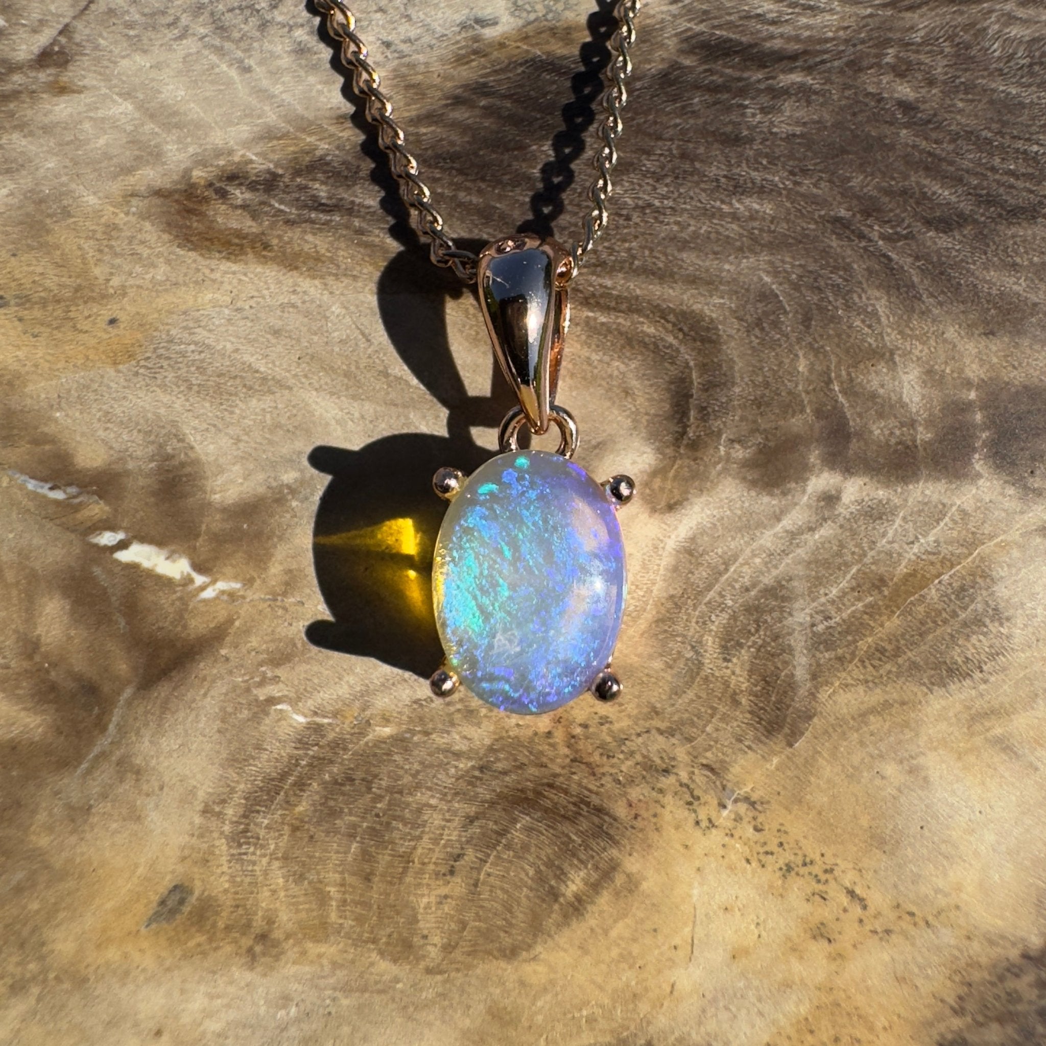 Noosa Dream Shore ~ 0.8ct Solid Lightning Ridge Crystal Opal Rose Gold Coated 925 Sterling Silver Pendant