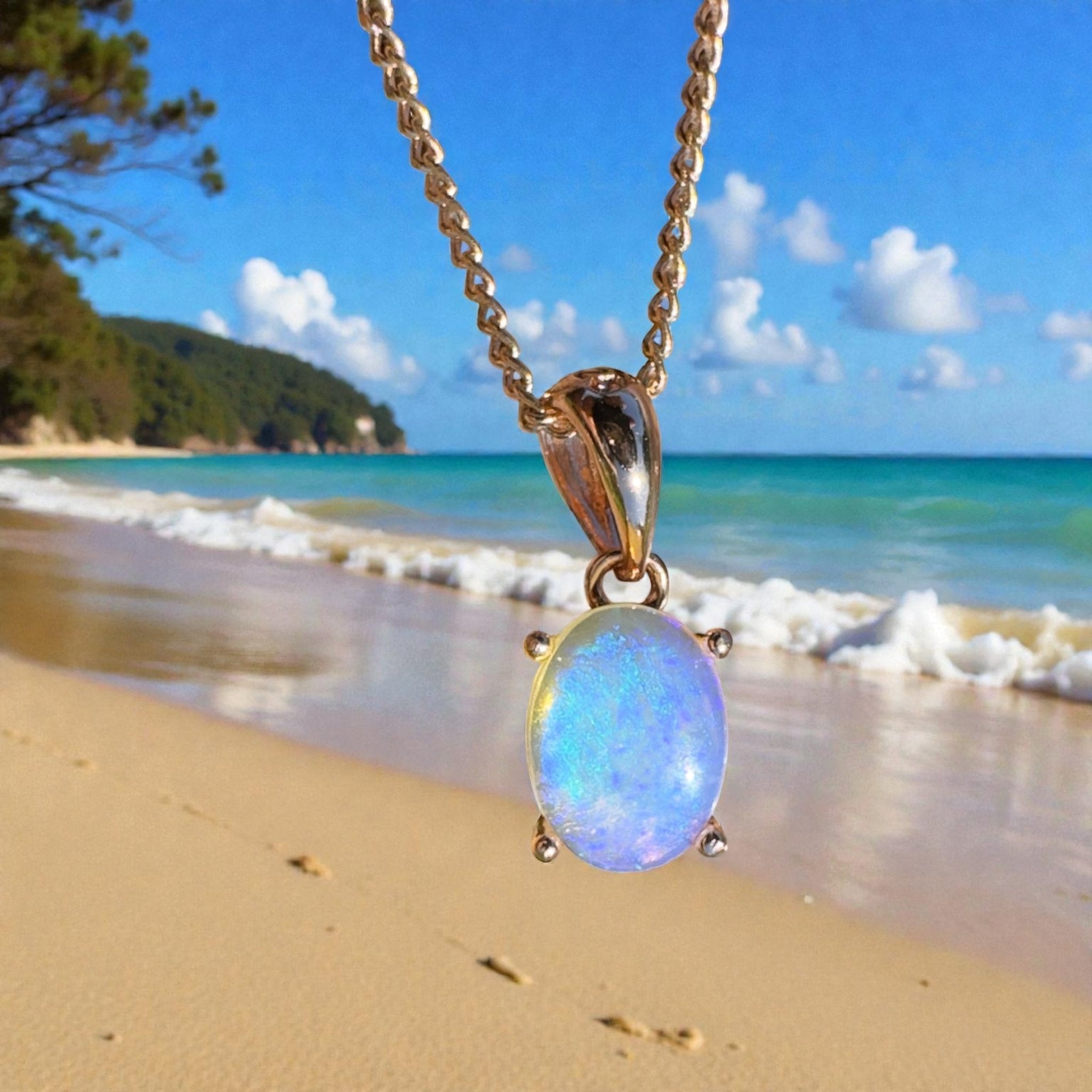 Noosa Dream Shore ~ 0.8ct Solid Lightning Ridge Crystal Opal Rose Gold Coated 925 Sterling Silver Pendant