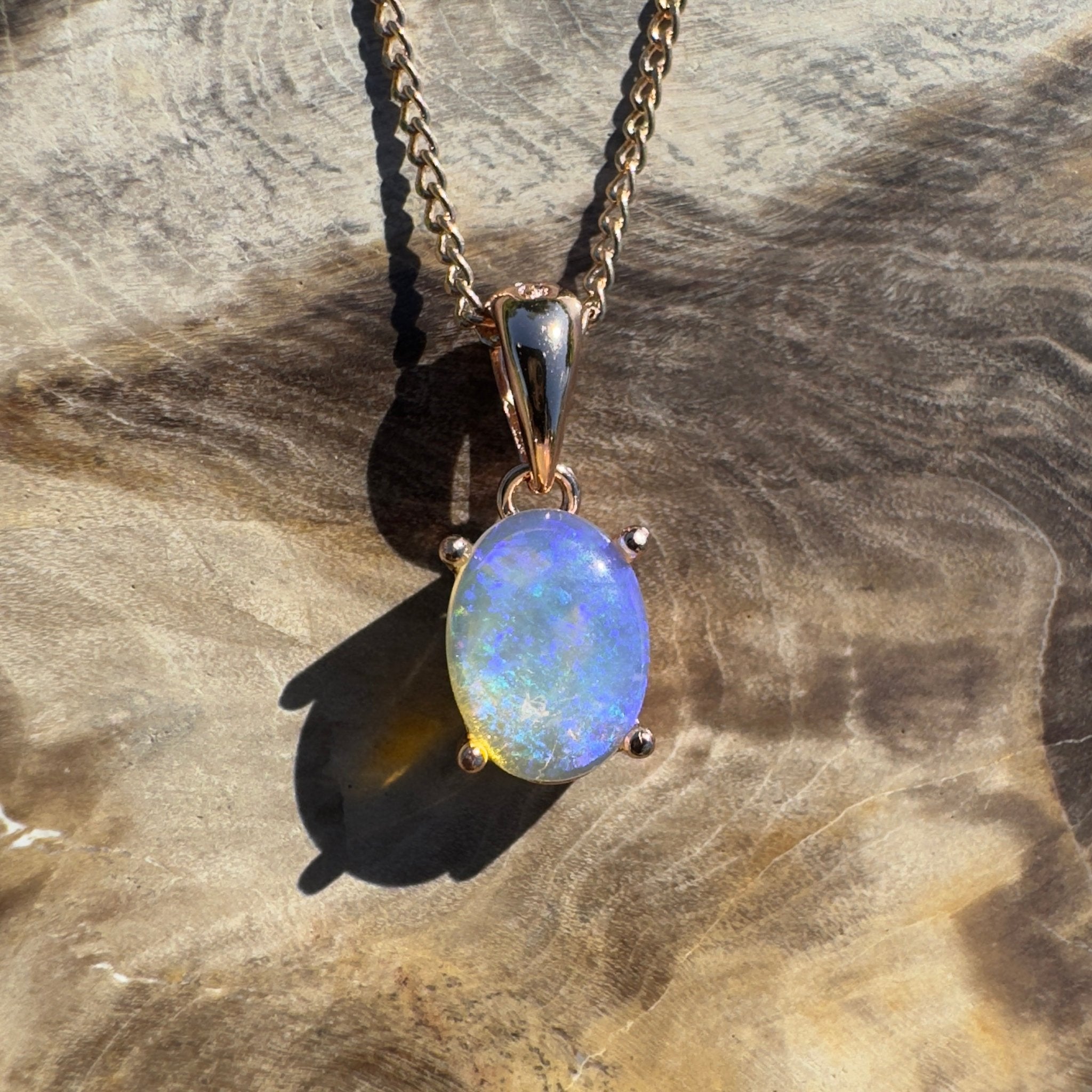 Noosa Dream Shore ~ 0.8ct Solid Lightning Ridge Crystal Opal Rose Gold Coated 925 Sterling Silver Pendant