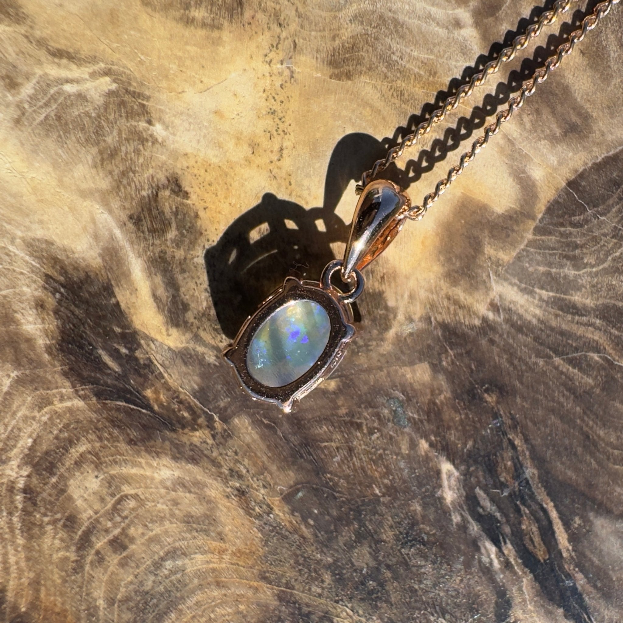 Noosa Dream Shore ~ 0.8ct Solid Lightning Ridge Crystal Opal Rose Gold Coated 925 Sterling Silver Pendant