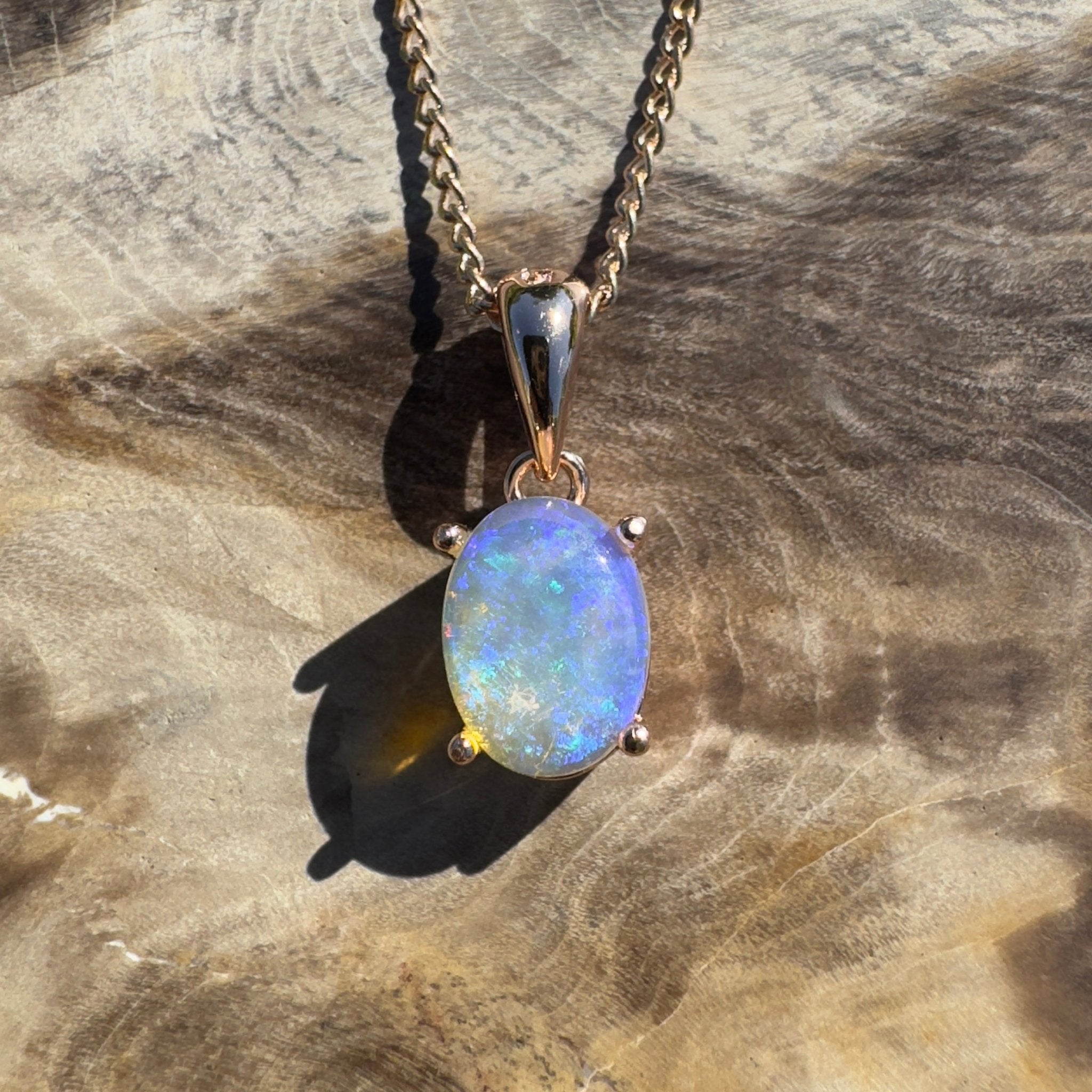 Noosa Dream Shore ~ 0.8ct Solid Lightning Ridge Crystal Opal Rose Gold Coated 925 Sterling Silver Pendant