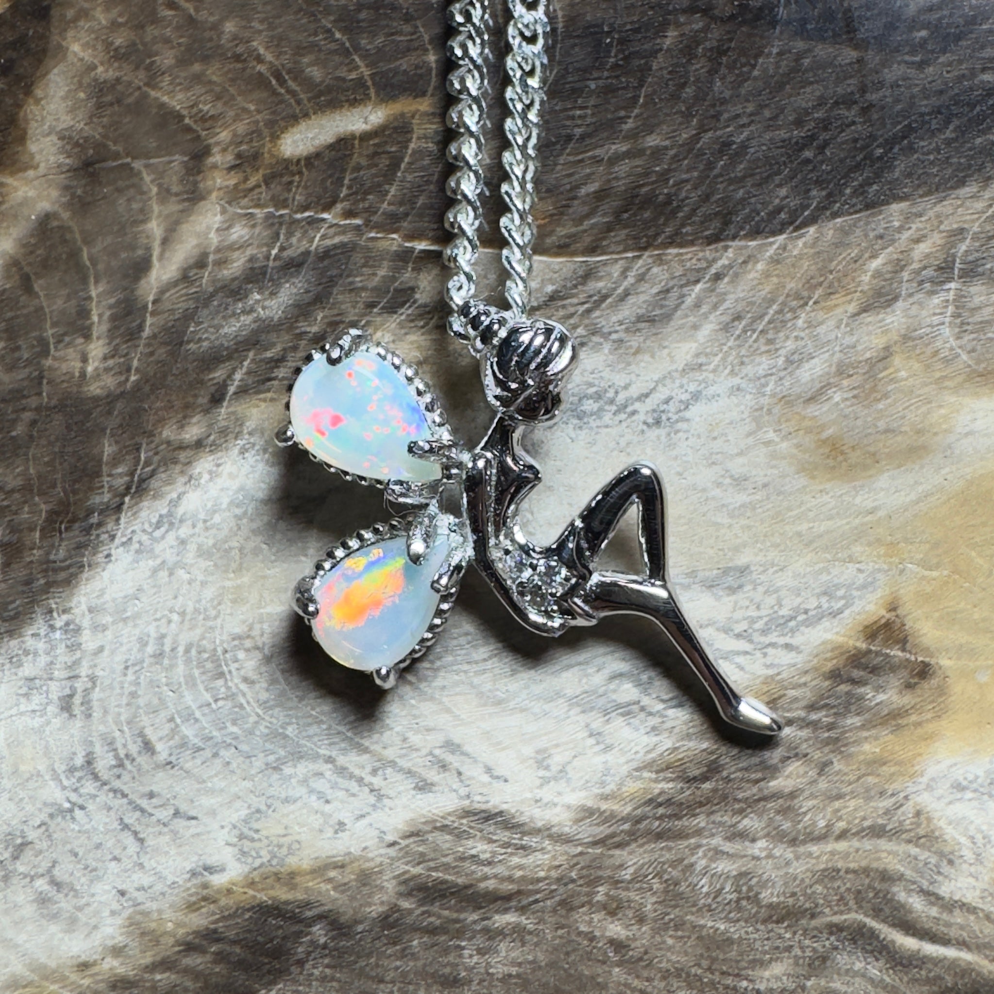 Noosa Morning Light Fairy – 0.8ct Coober Pedy Opal 925 Silver Fairy Pendant