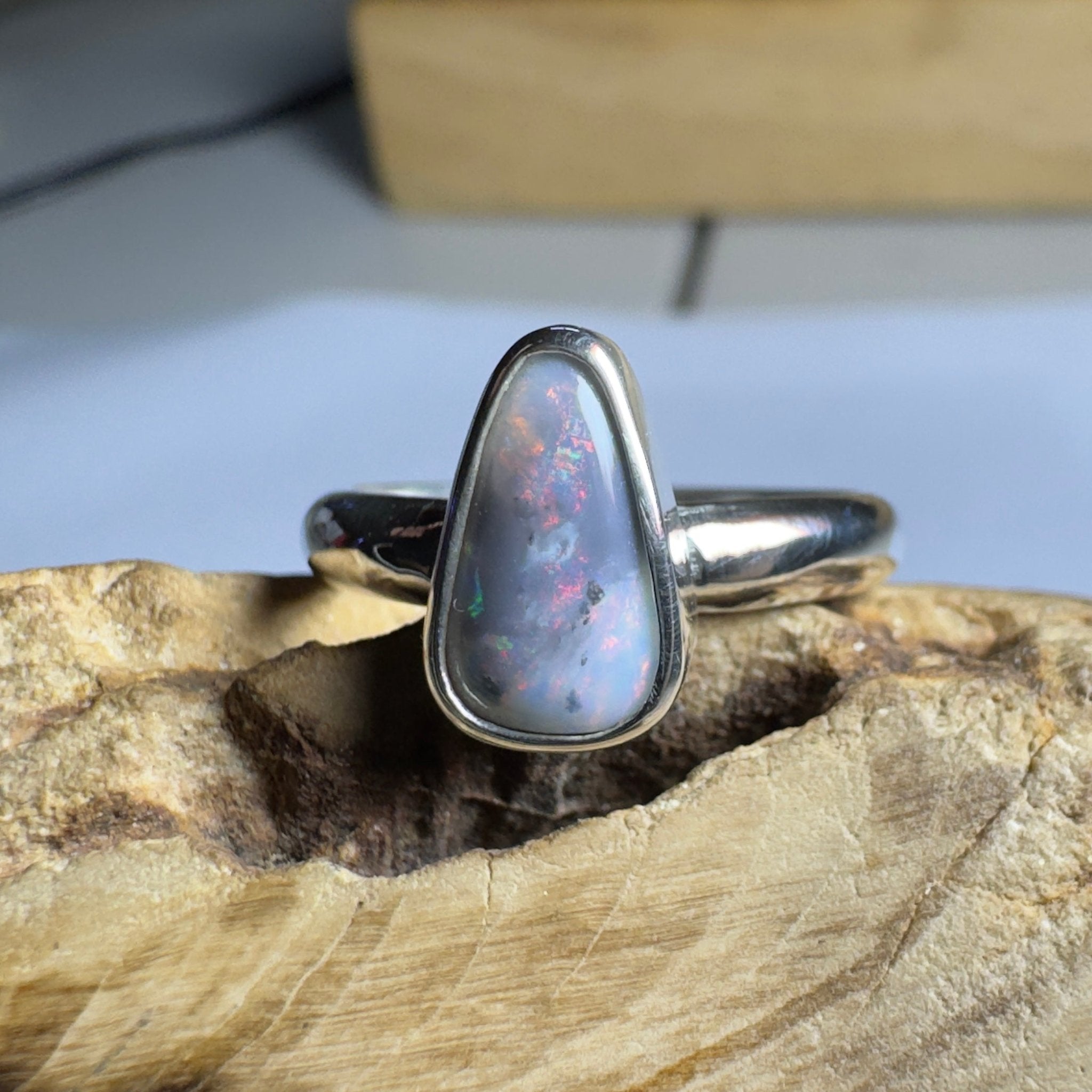 Noosa Nights ~ 1.6ct Solid Lightning Ridge Semi Black Opal 925 Silver Ring