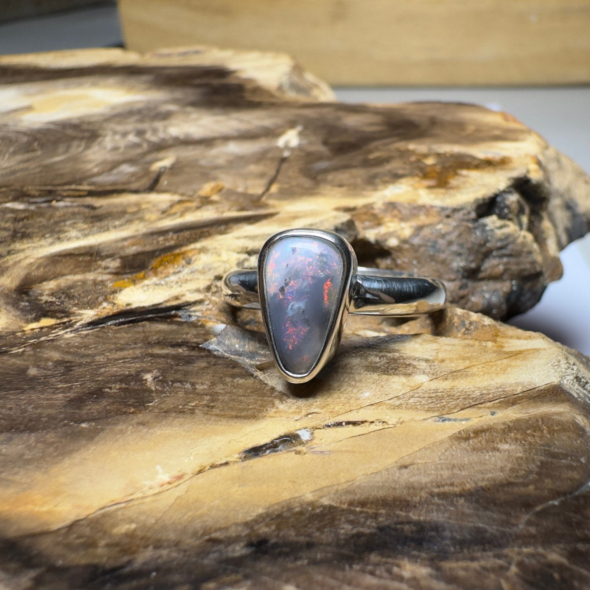 Noosa Nights ~ 1.6ct Solid Lightning Ridge Semi Black Opal 925 Silver Ring