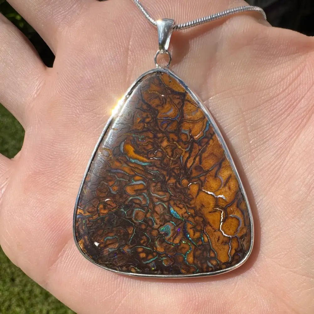 'Ocean and Earth' ~ Handcrafted 56ct Solid Queensland Boulder Opal 925 Sterling Silver Pendant Necklace