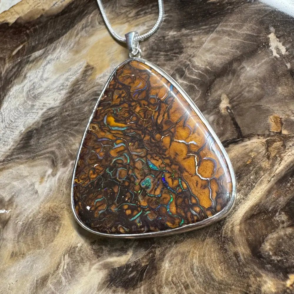 'Ocean and Earth' ~ Handcrafted 56ct Solid Queensland Boulder Opal 925 Sterling Silver Pendant Necklace