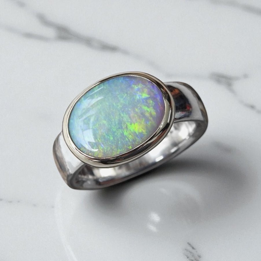 Ocean Road Reverie ~ 2.5ct Solid Lightning Ridge Opal Two - Tone 9ct Gold and 925 Silver Ring