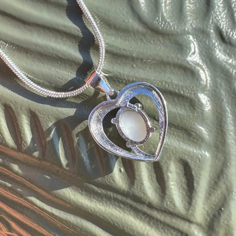 Silver heart pendant with white stone from Opal Love handcrafted 0.9ct Coober Pedy Opal necklace