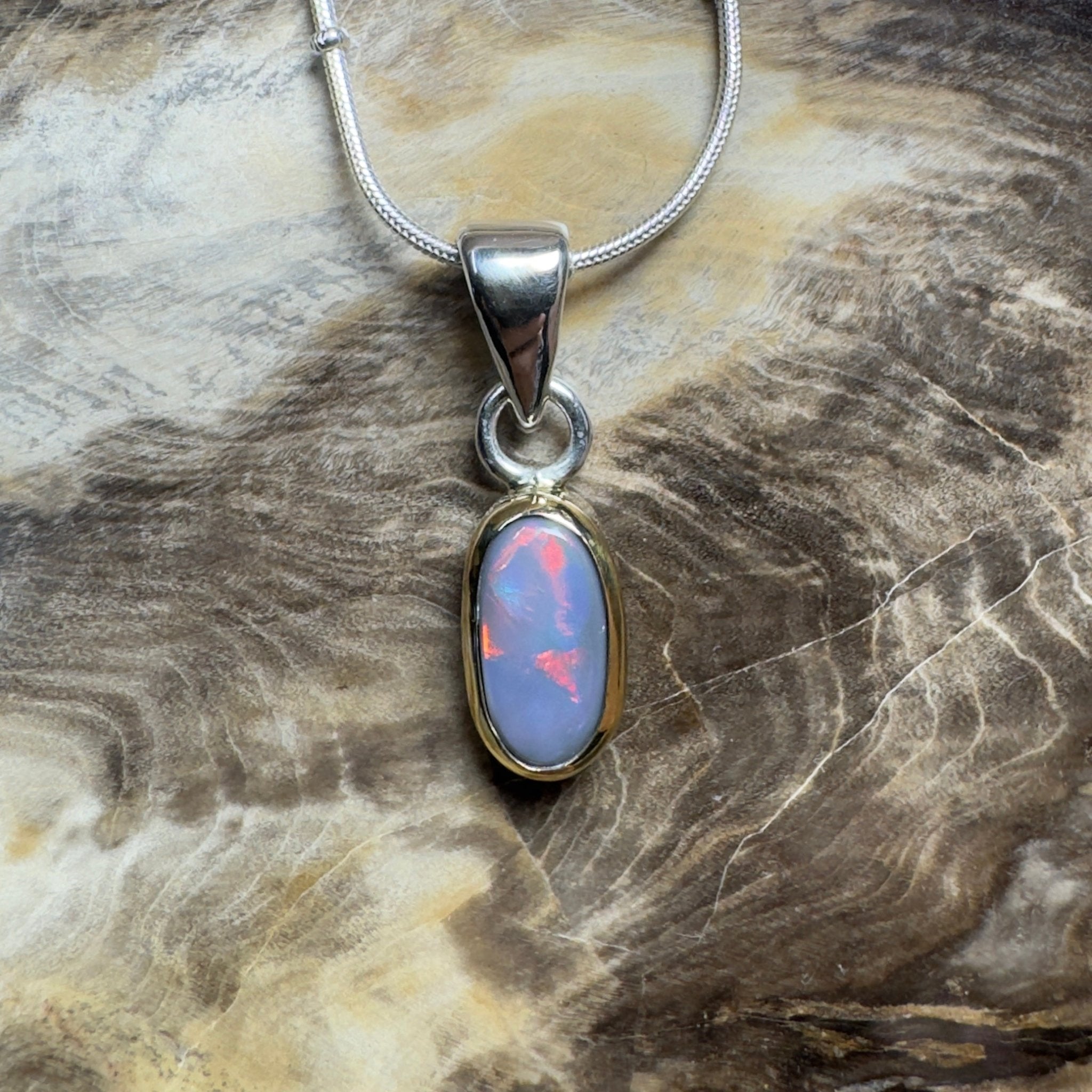 Outback After Dark ~ 1.4ct Solid Lightning Ridge Semi Black Opal Two - tone 9ct Gold and 925 Sterling Silver Pendant Necklace