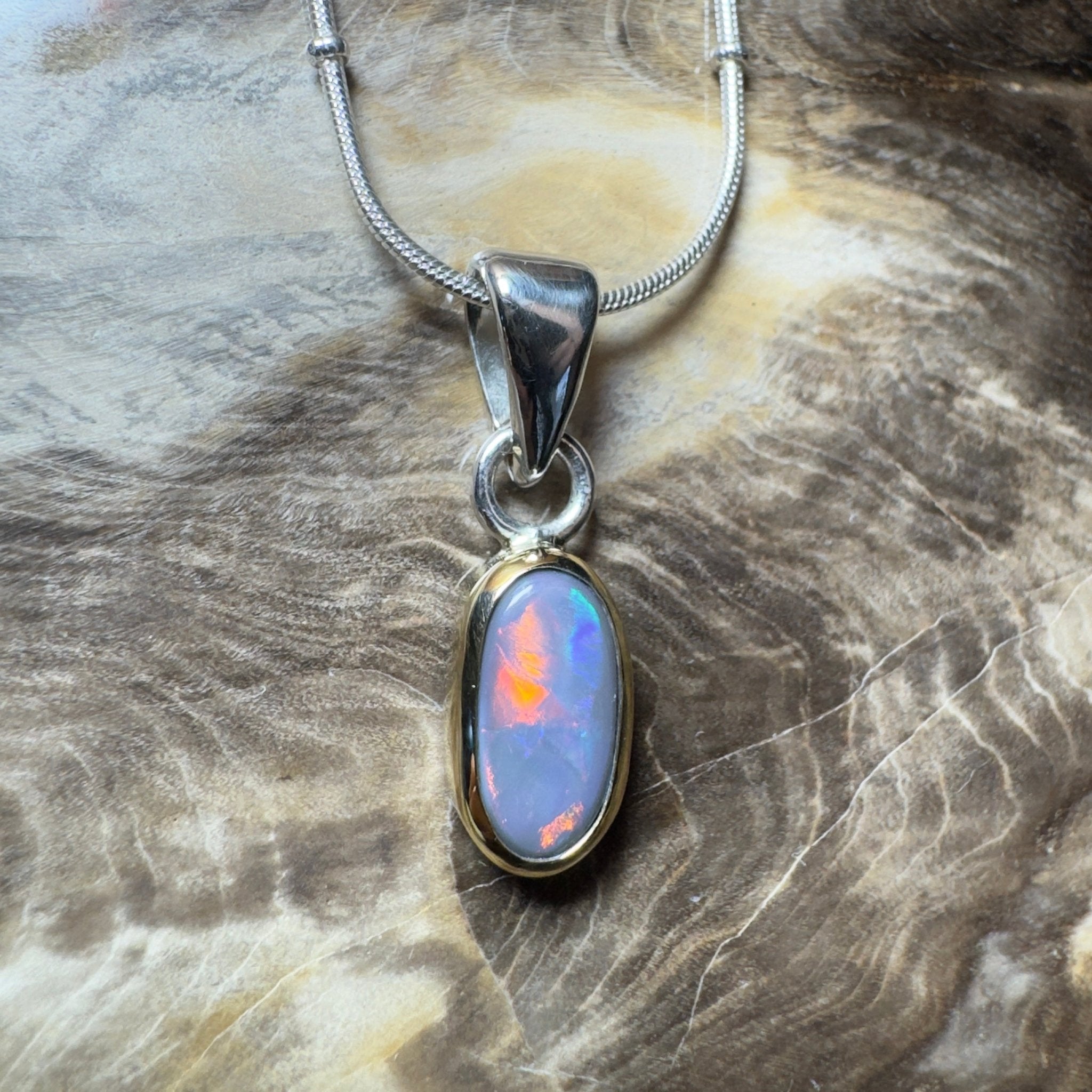 Outback After Dark ~ 1.4ct Solid Lightning Ridge Semi Black Opal Two - tone 9ct Gold and 925 Sterling Silver Pendant Necklace