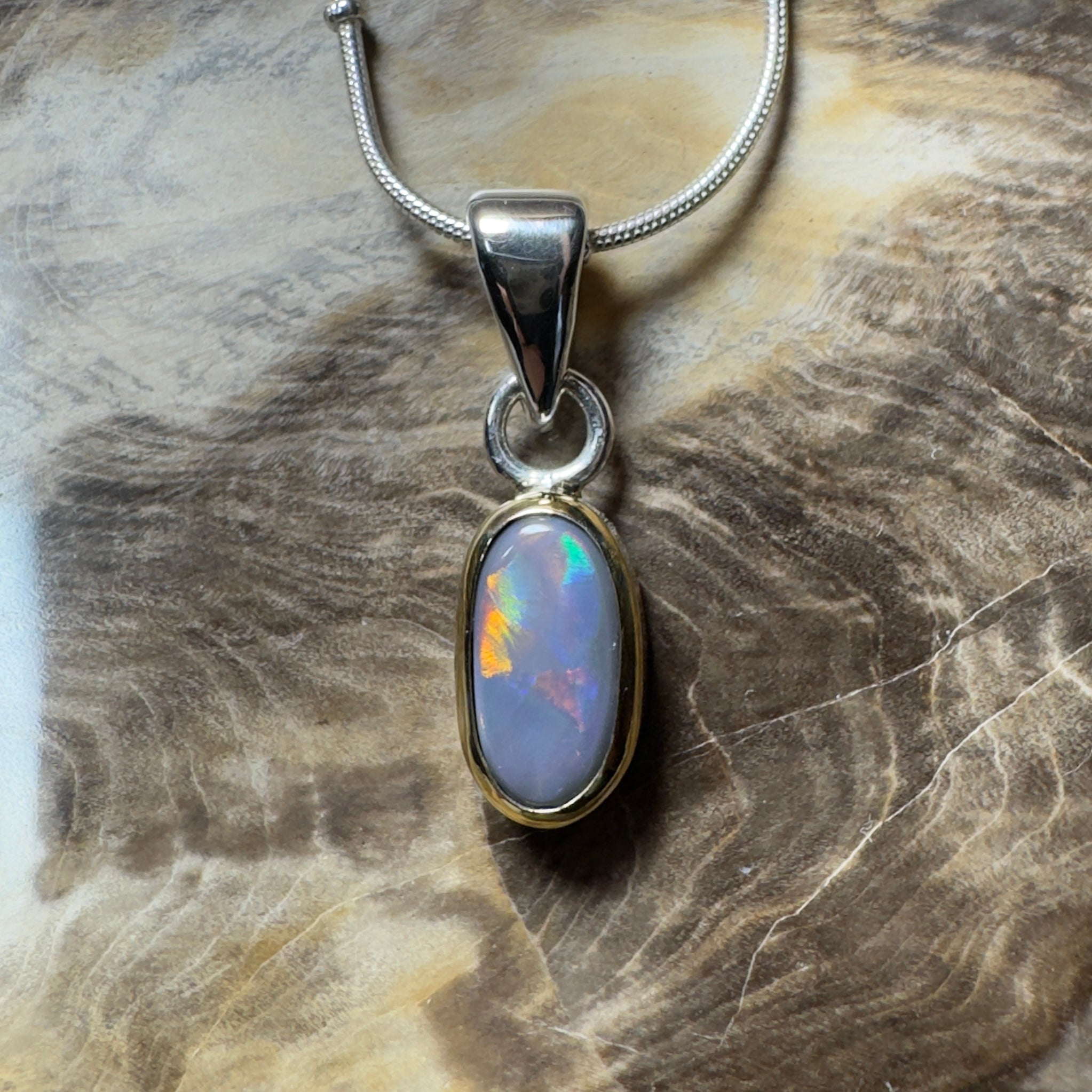 Outback After Dark ~ 1.4ct Solid Lightning Ridge Semi Black Opal Two - tone 9ct Gold and 925 Sterling Silver Pendant Necklace