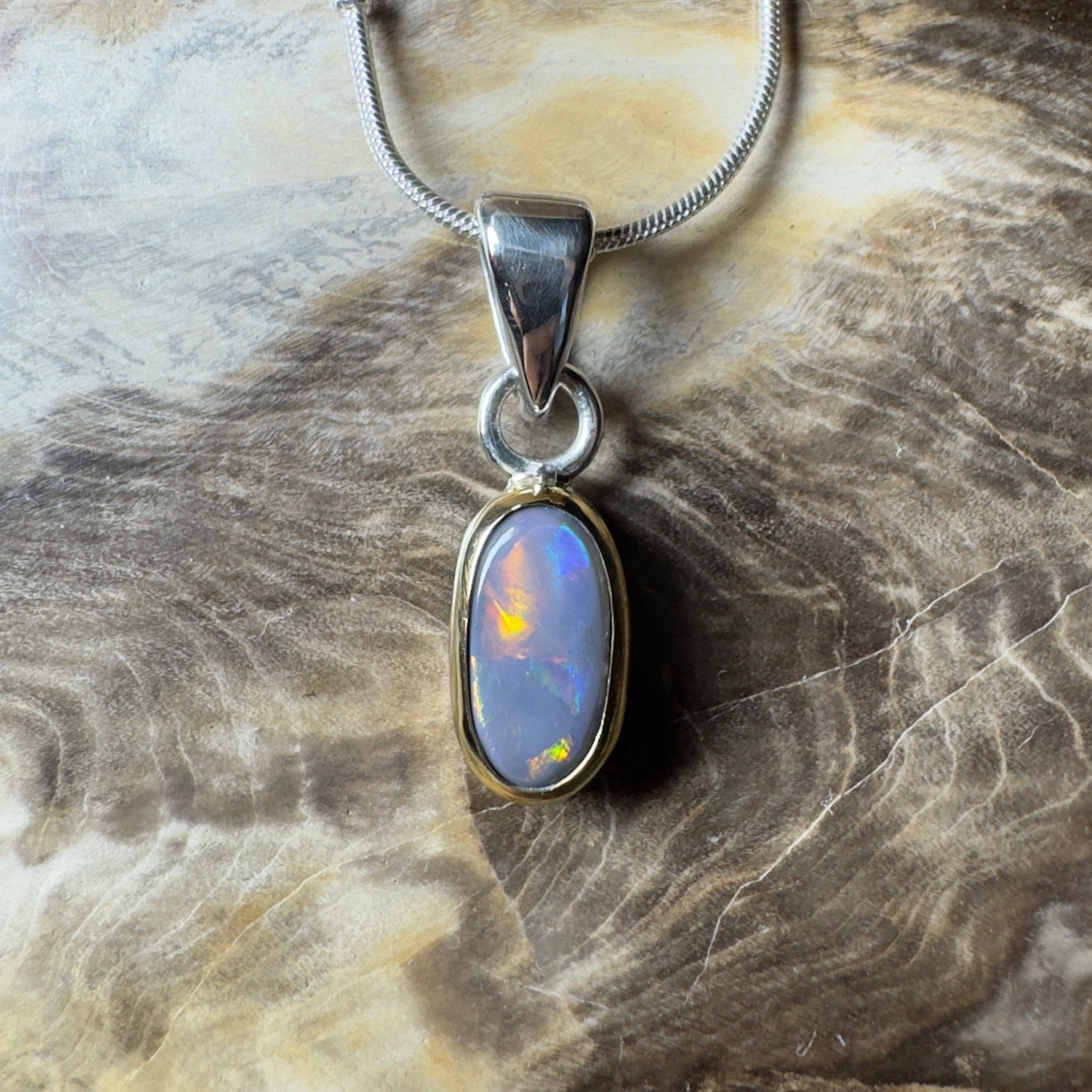 Outback After Dark ~ 1.4ct Solid Lightning Ridge Semi Black Opal Two - tone 9ct Gold and 925 Sterling Silver Pendant Necklace