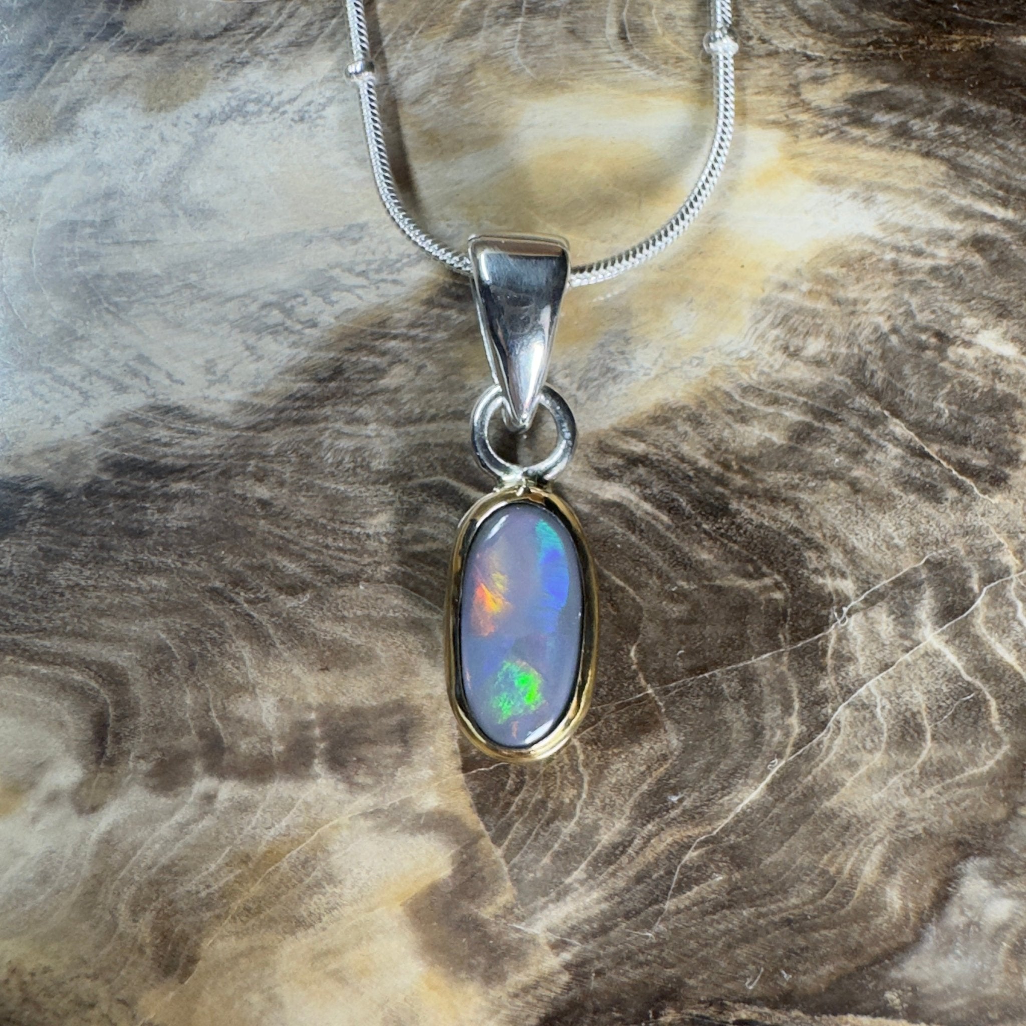 Outback After Dark ~ 1.4ct Solid Lightning Ridge Semi Black Opal Two - tone 9ct Gold and 925 Sterling Silver Pendant Necklace