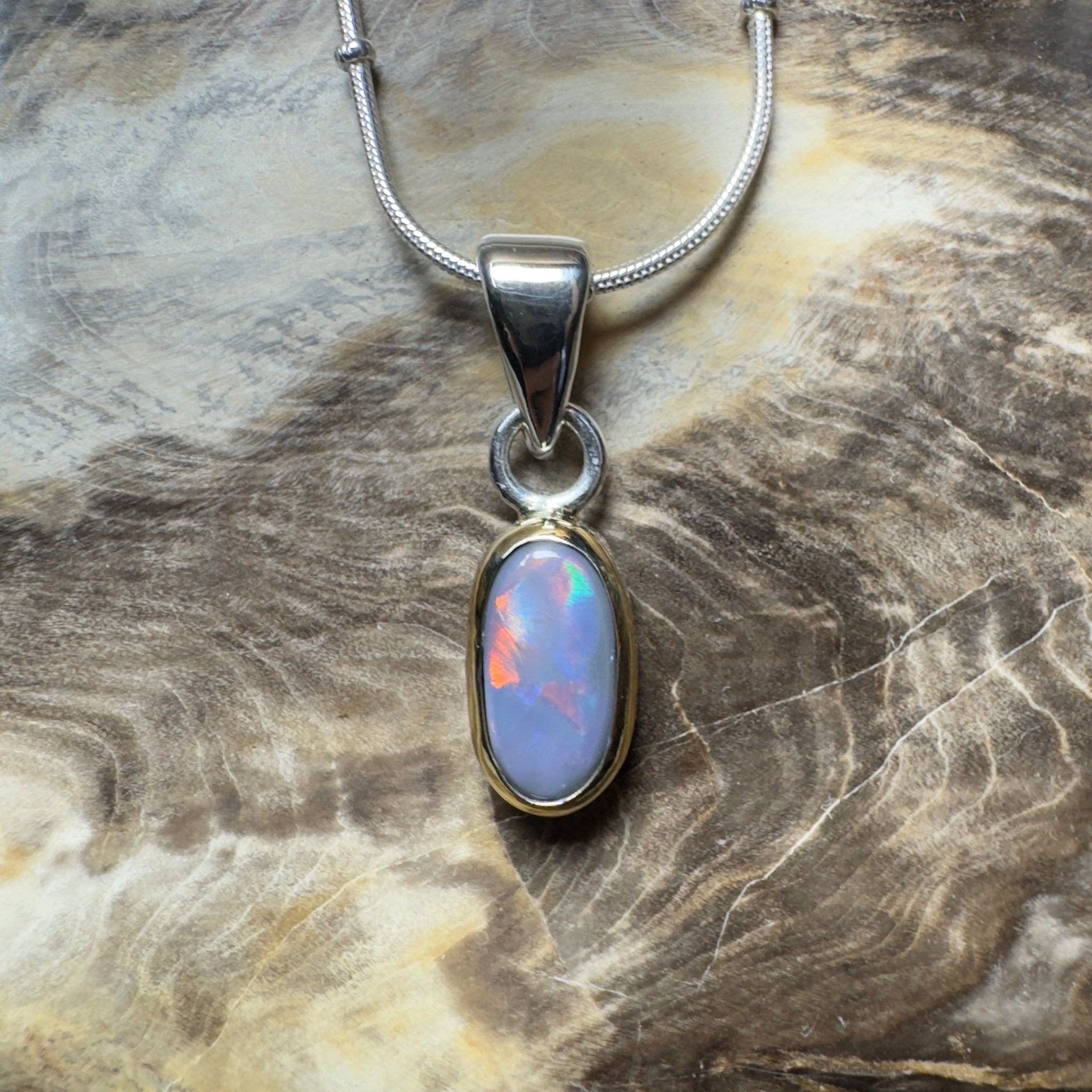 Outback After Dark ~ 1.4ct Solid Lightning Ridge Semi Black Opal Two - tone 9ct Gold and 925 Sterling Silver Pendant Necklace