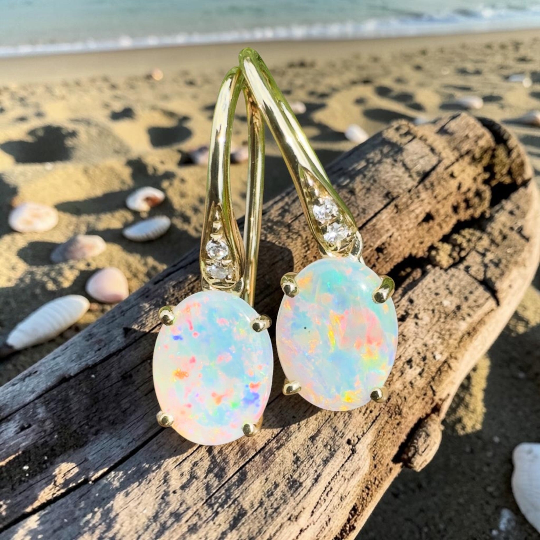 Outback Aurora ~ 14ct Solid Gold 1ct Coober Pedy Opal and Diamond Earrings