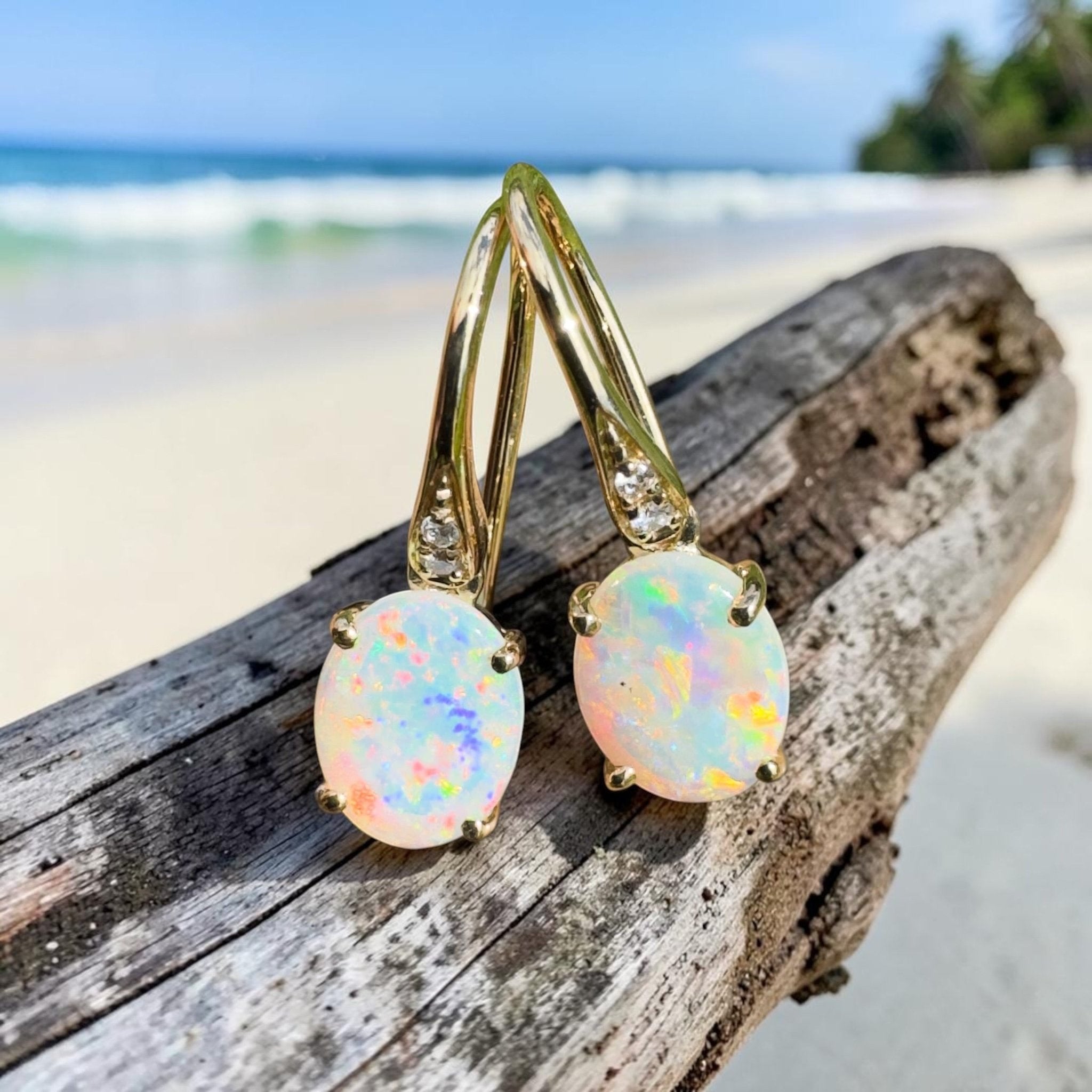 Outback Aurora ~ 14ct Solid Gold 1ct Coober Pedy Opal and Diamond Earrings