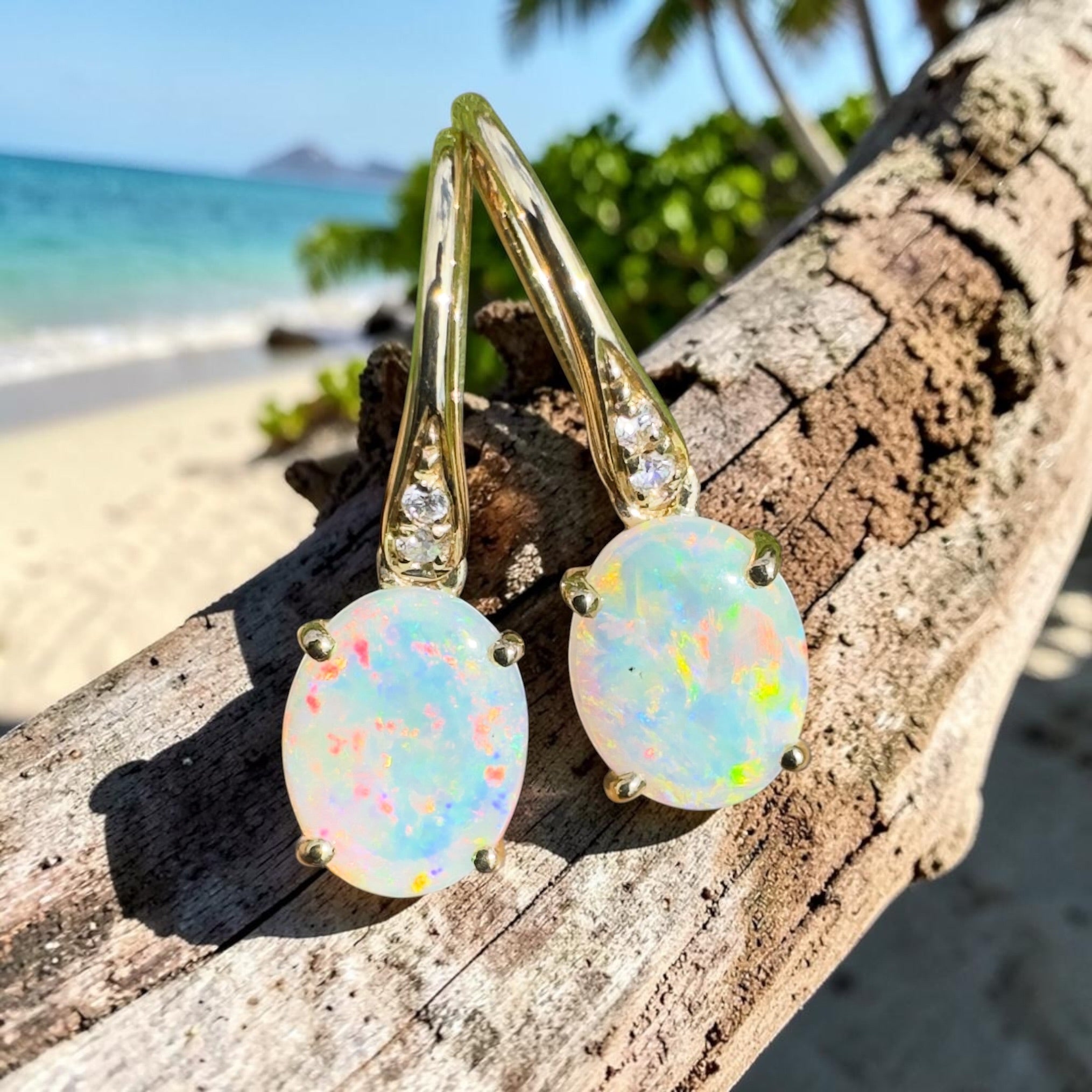 Outback Aurora ~ 14ct Solid Gold 1ct Coober Pedy Opal and Diamond Earrings