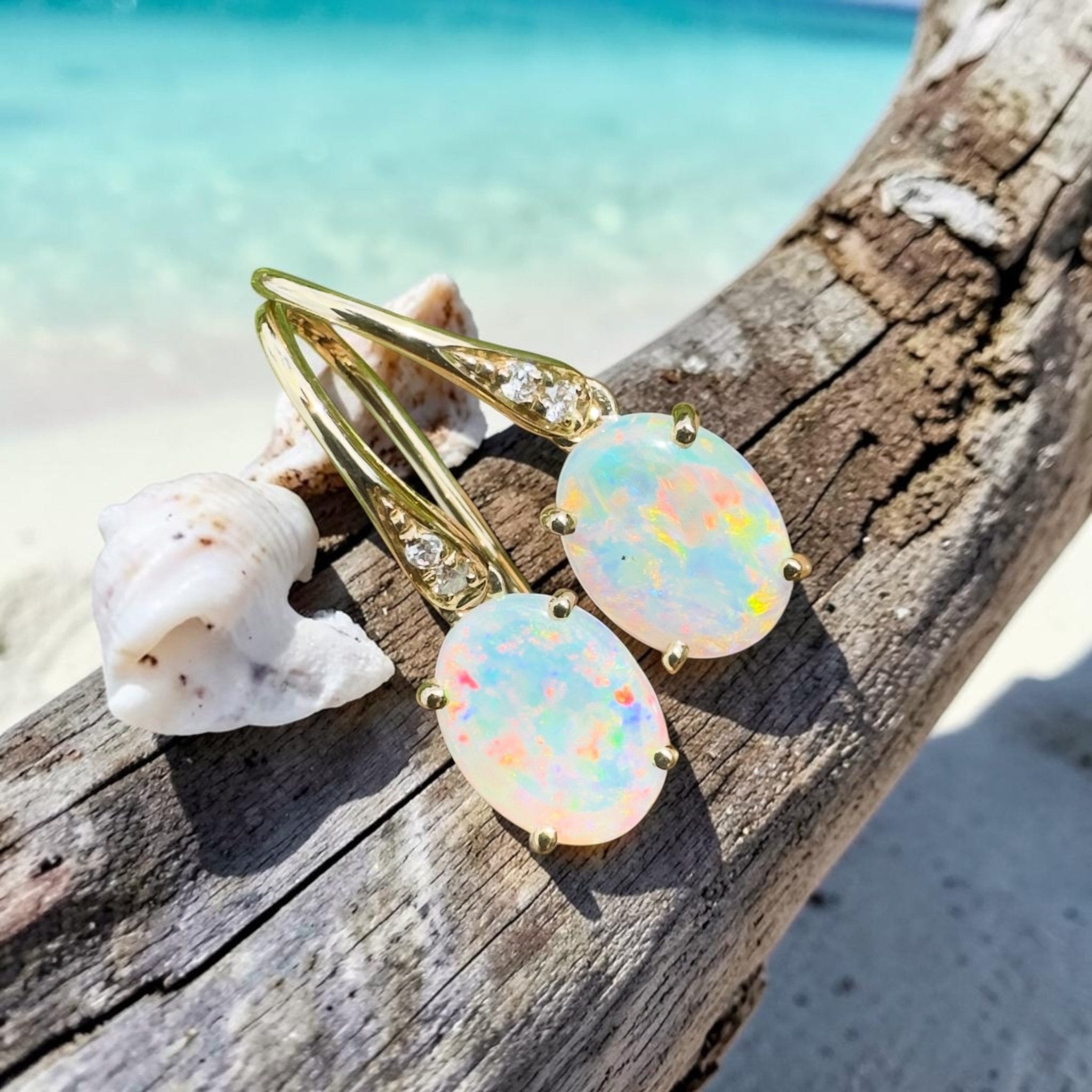 Outback Aurora ~ 14ct Solid Gold 1ct Coober Pedy Opal and Diamond Earrings