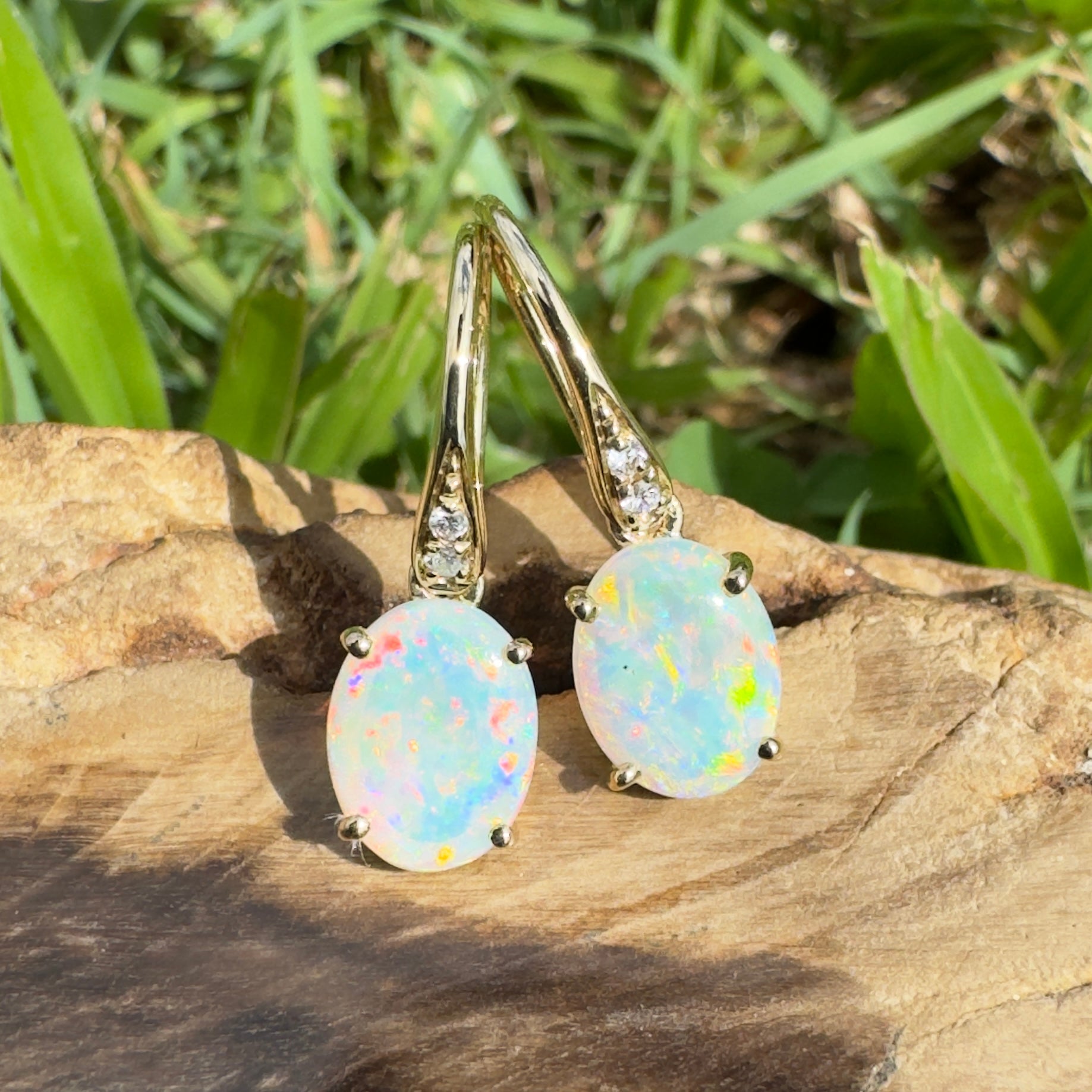 Outback Aurora ~ 14ct Solid Gold 1ct Coober Pedy Opal and Diamond Earrings
