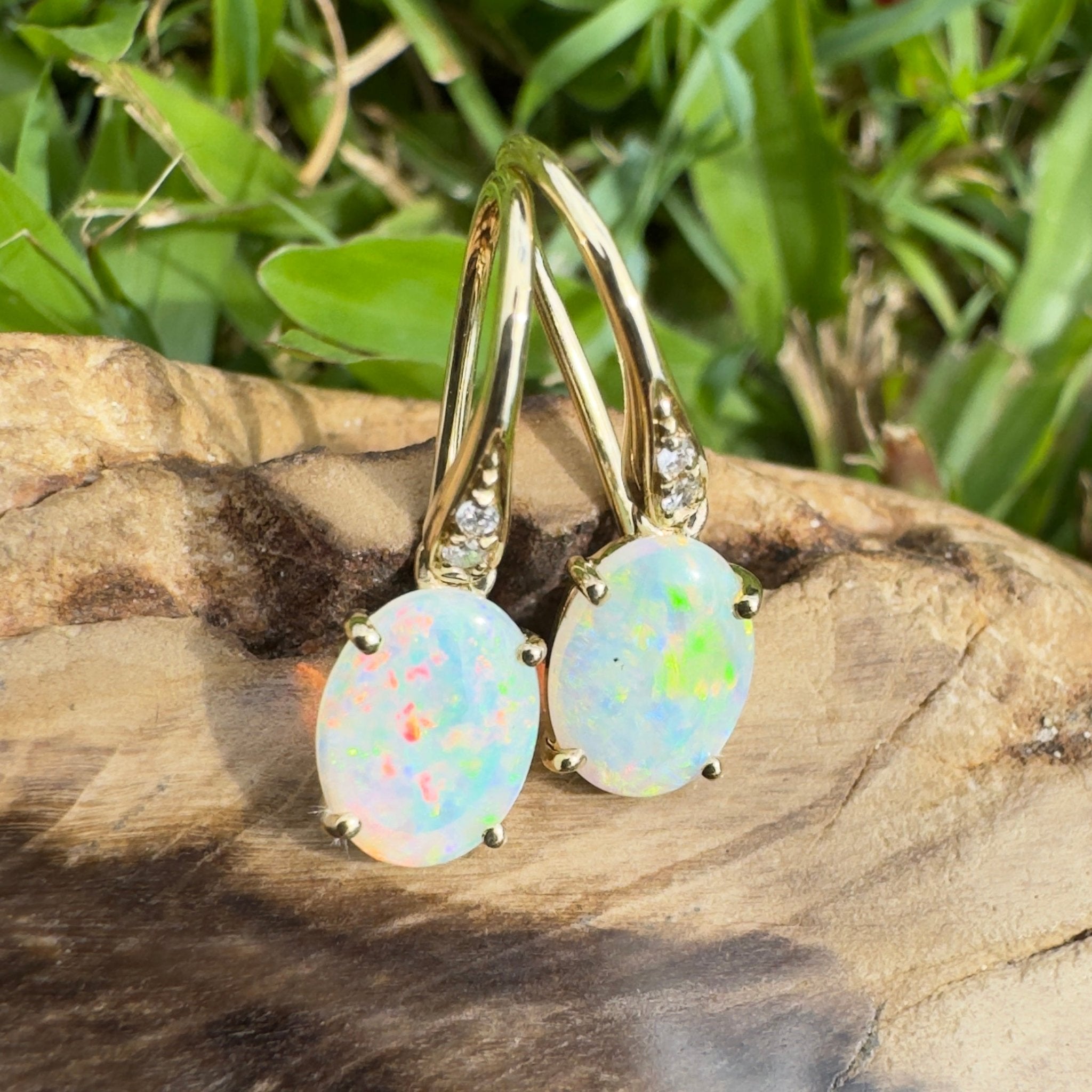 Outback Aurora ~ 14ct Solid Gold 1ct Coober Pedy Opal and Diamond Earrings