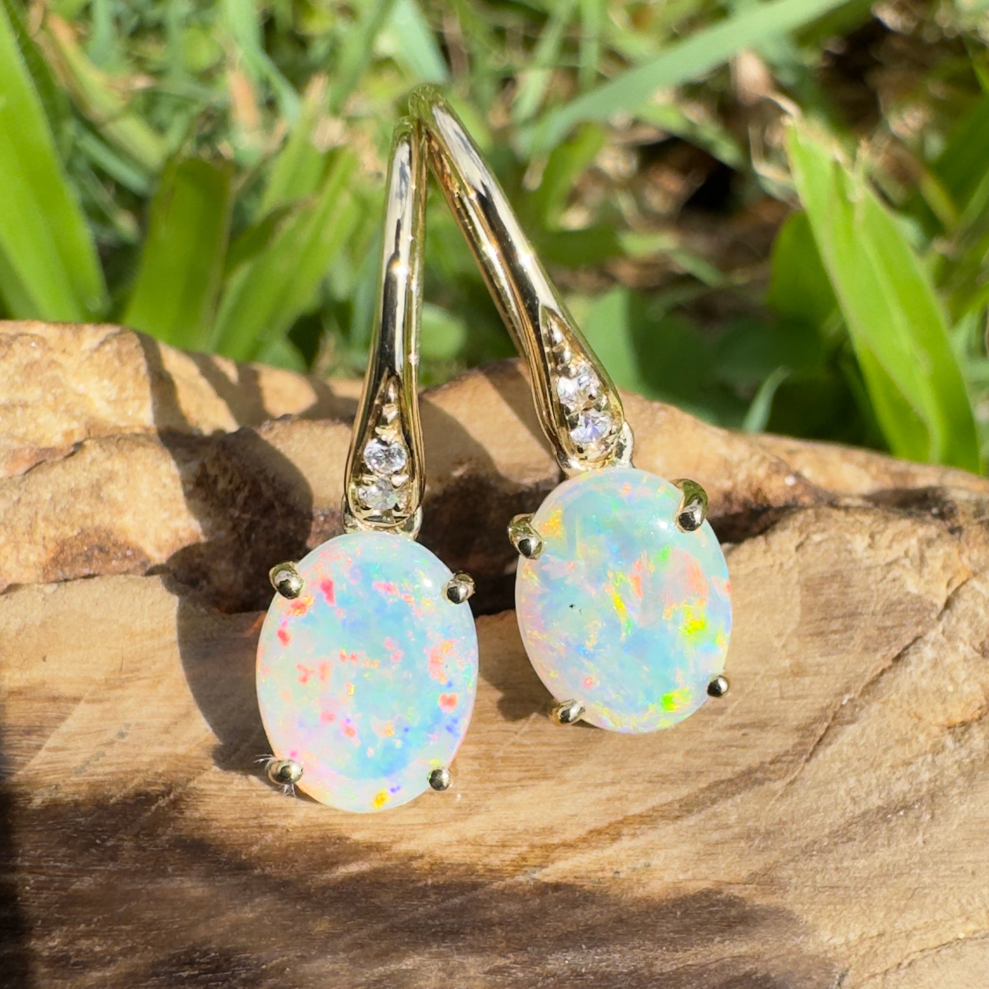 Outback Aurora ~ 14ct Solid Gold 1ct Coober Pedy Opal and Diamond Earrings