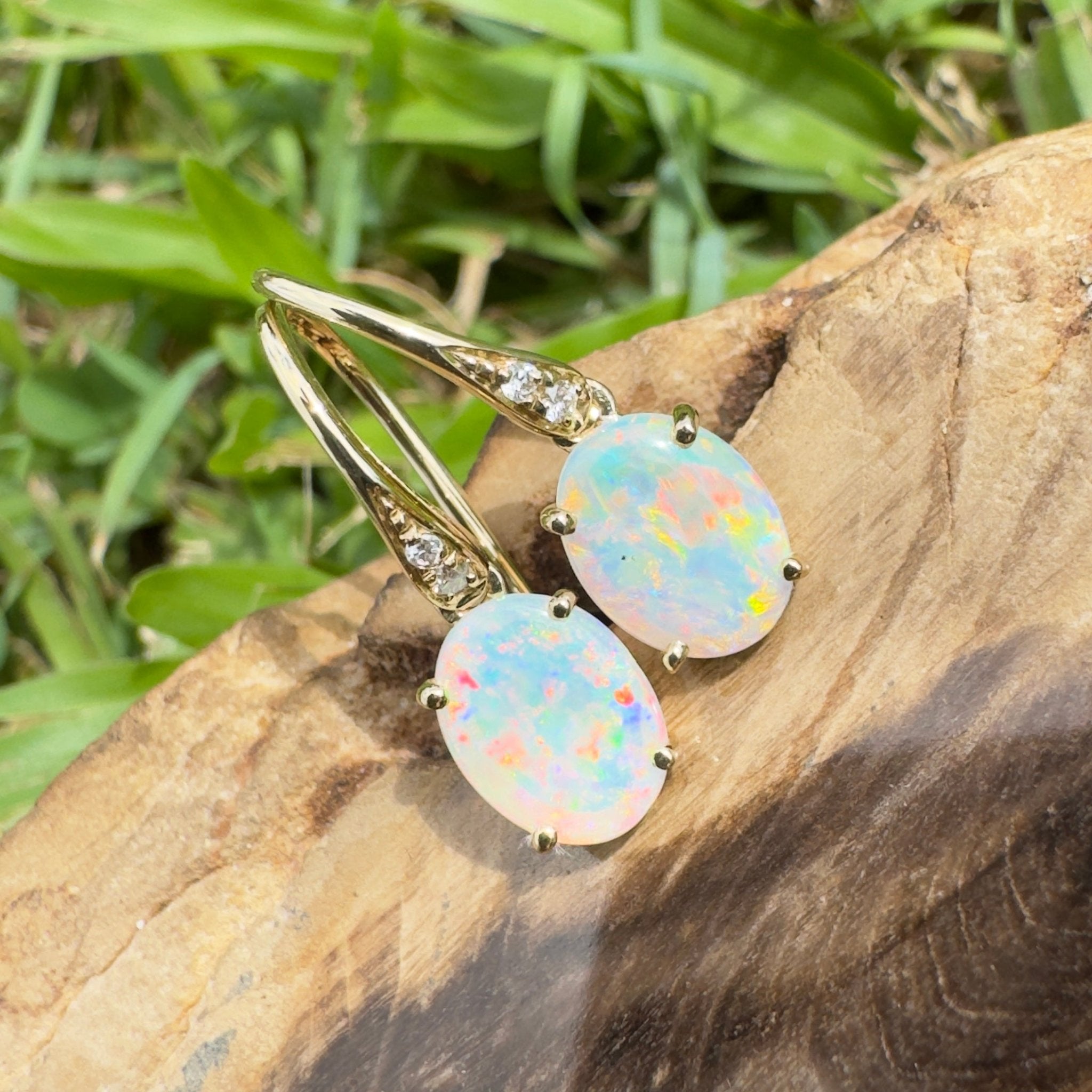 Outback Aurora ~ 14ct Solid Gold 1ct Coober Pedy Opal and Diamond Earrings