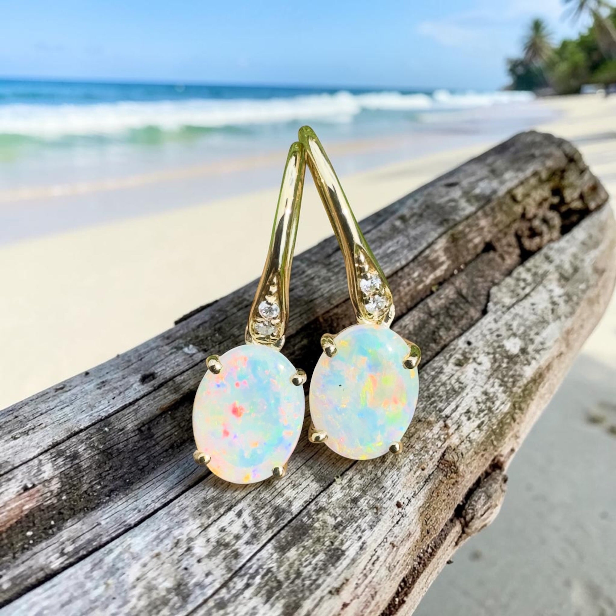 Outback Aurora ~ 14ct Solid Gold 1ct Coober Pedy Opal and Diamond Earrings