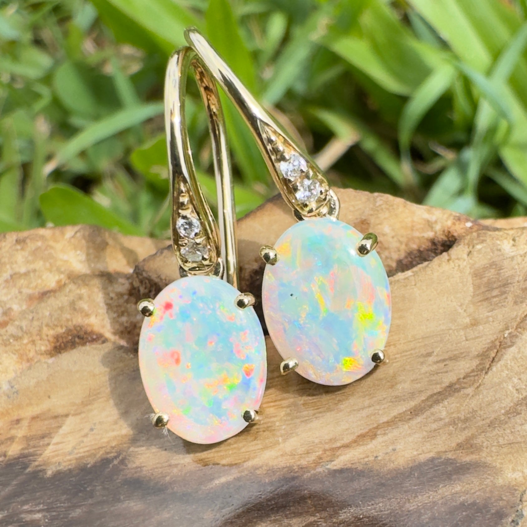 Outback Aurora ~ 14ct Solid Gold 1ct Coober Pedy Opal and Diamond Earrings