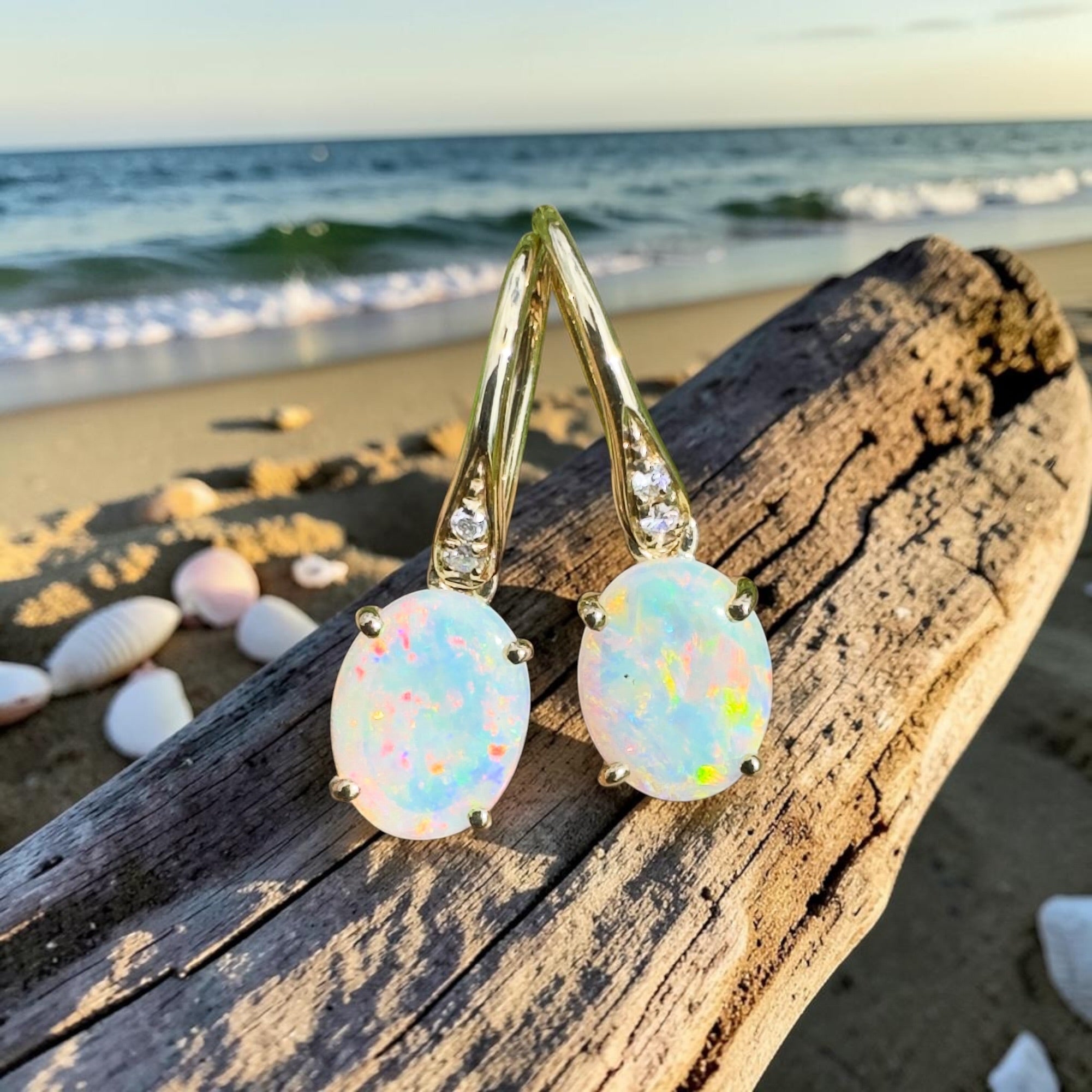 Outback Aurora ~ 14ct Solid Gold 1ct Coober Pedy Opal and Diamond Earrings